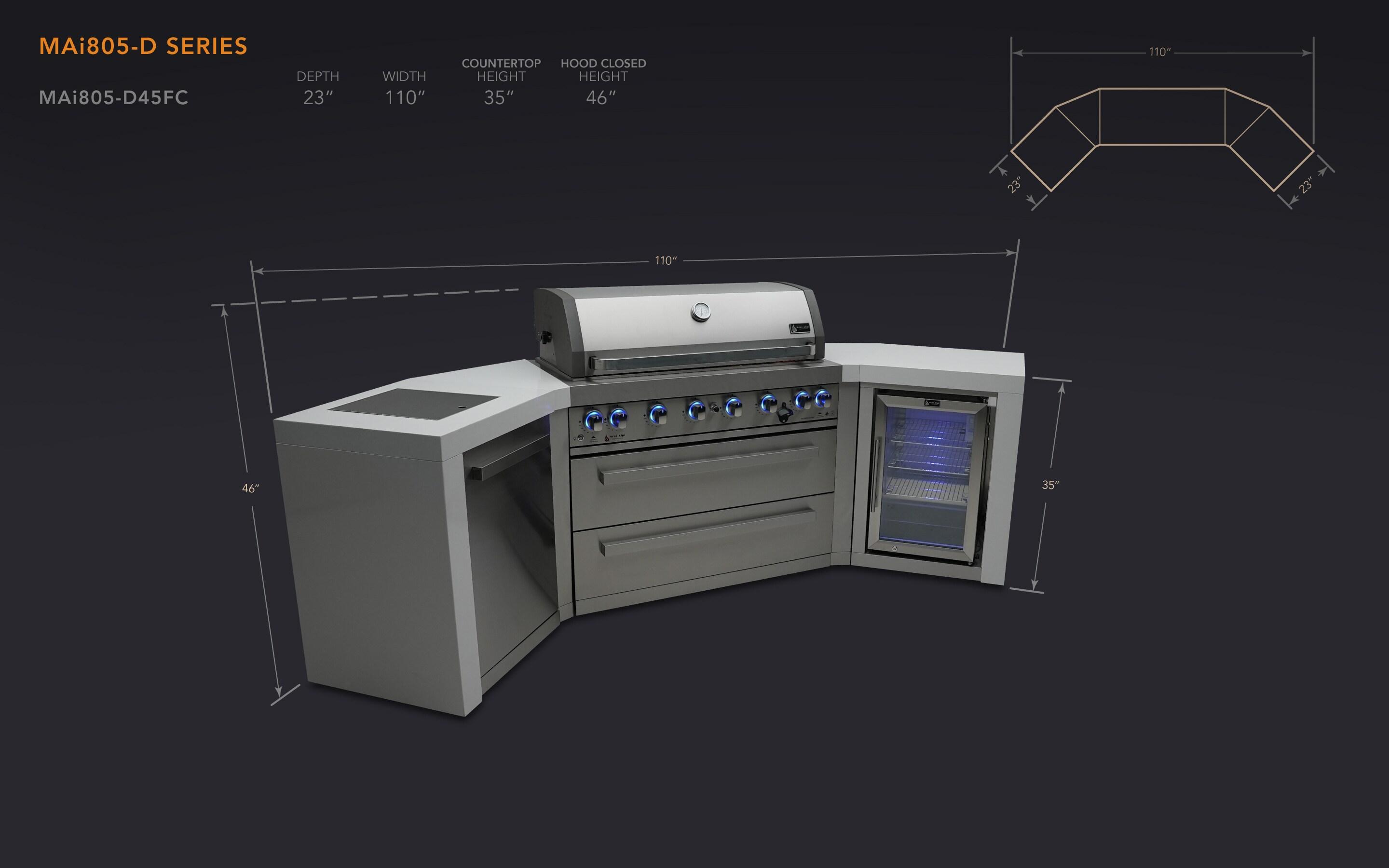 Mont Alpi 805 6-Burner 115000 BTU MAi805-D45FC U-shaped Stainless Steel Deluxe Modular Outdoor Kitchen BBQ Island Grill + Fridge Cabinet - 2 Infrared Burners, White Granite Countertops, Rotisserie Kit