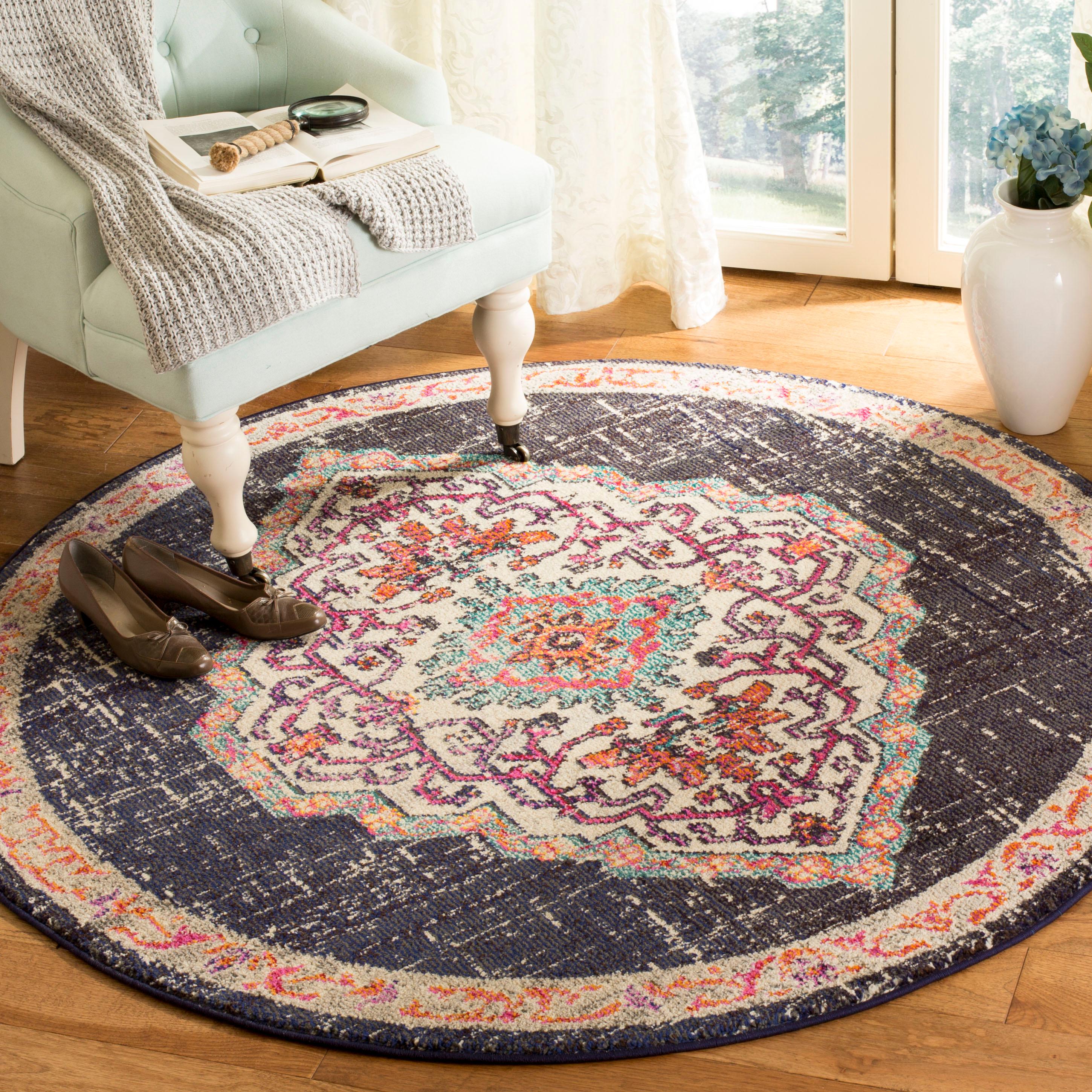 Monaco MNC254 Power Loomed Indoor Area Rug - Black/Blue - 5' Round - Safavieh.