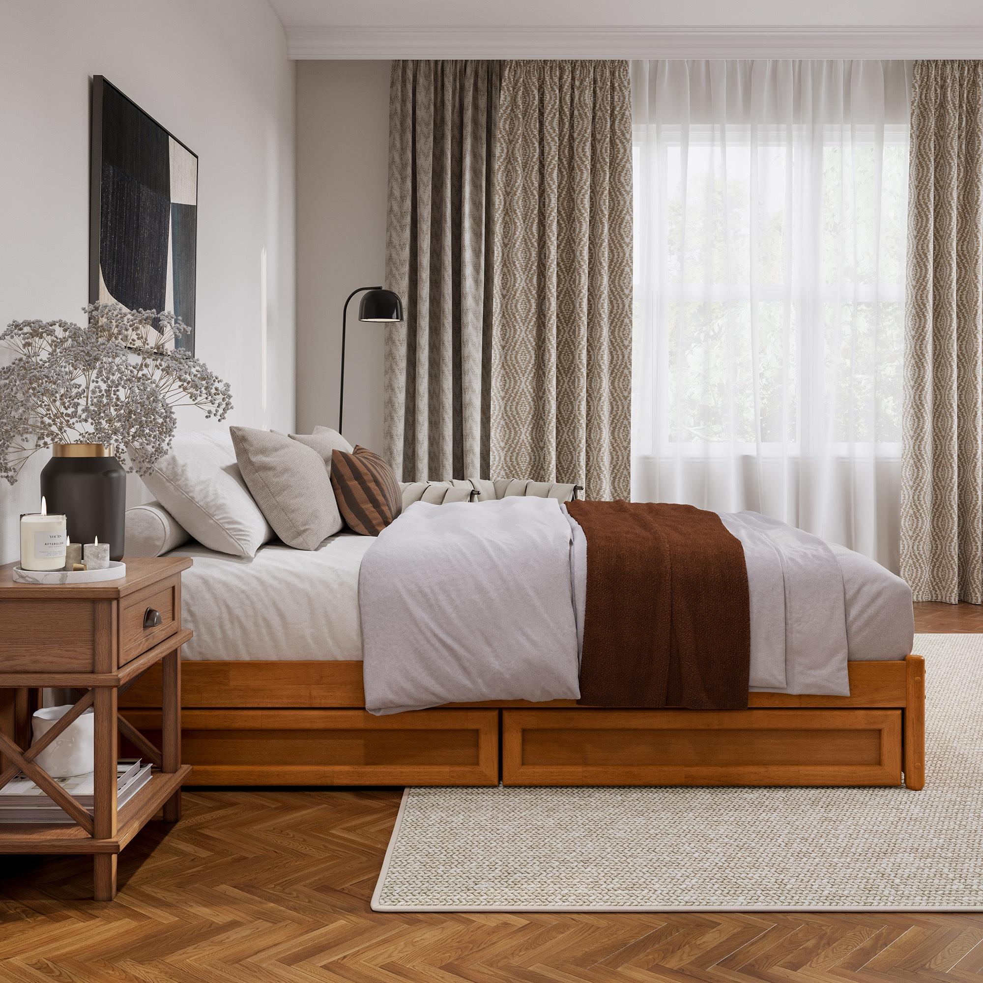 Barcelona Queen Wood Panel Platform Bed with Storage Drawers in Light Toffee