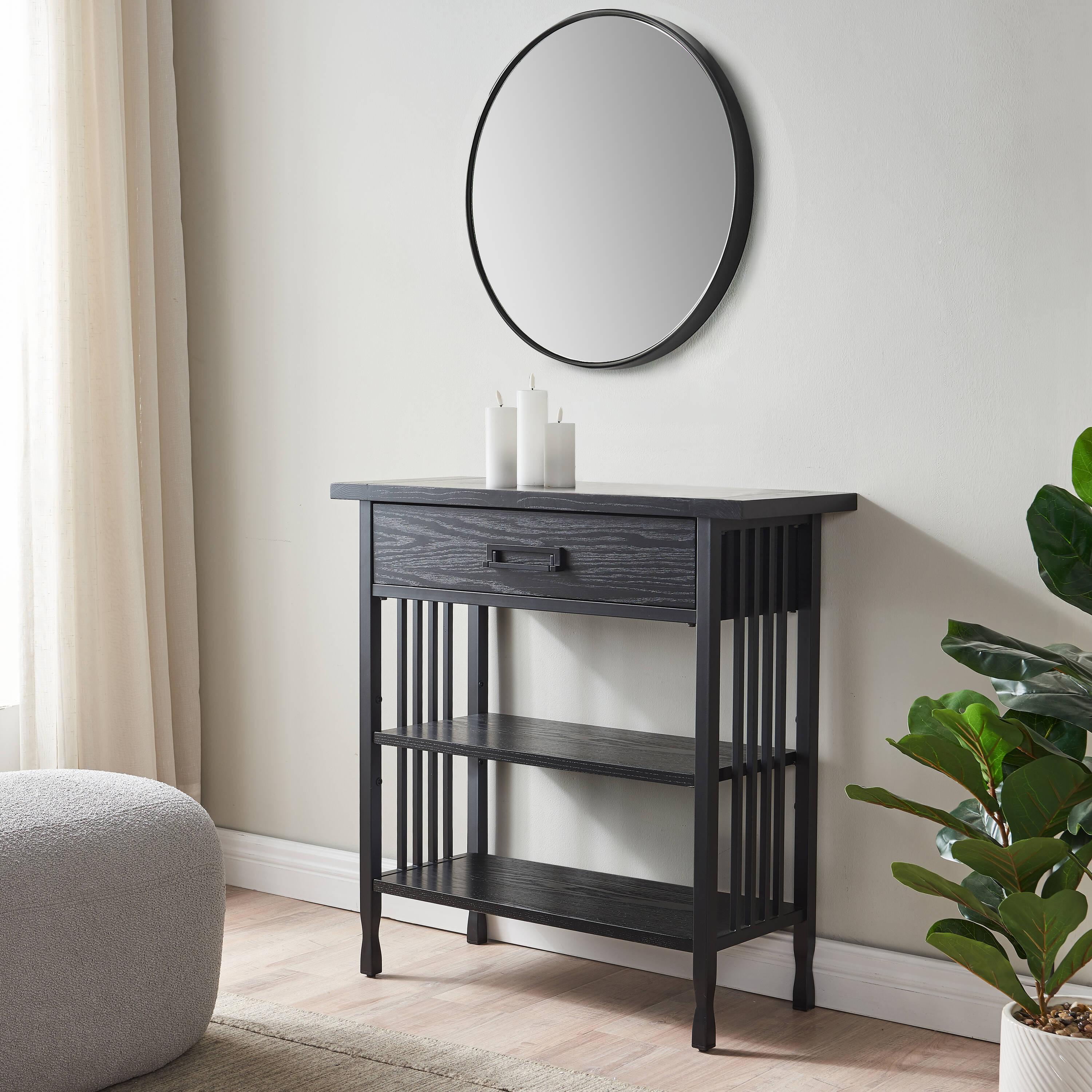 Leick Home 11261-BK Ironcraft Rustic Foyer Bookcase with Drawer Storage in Black Wash