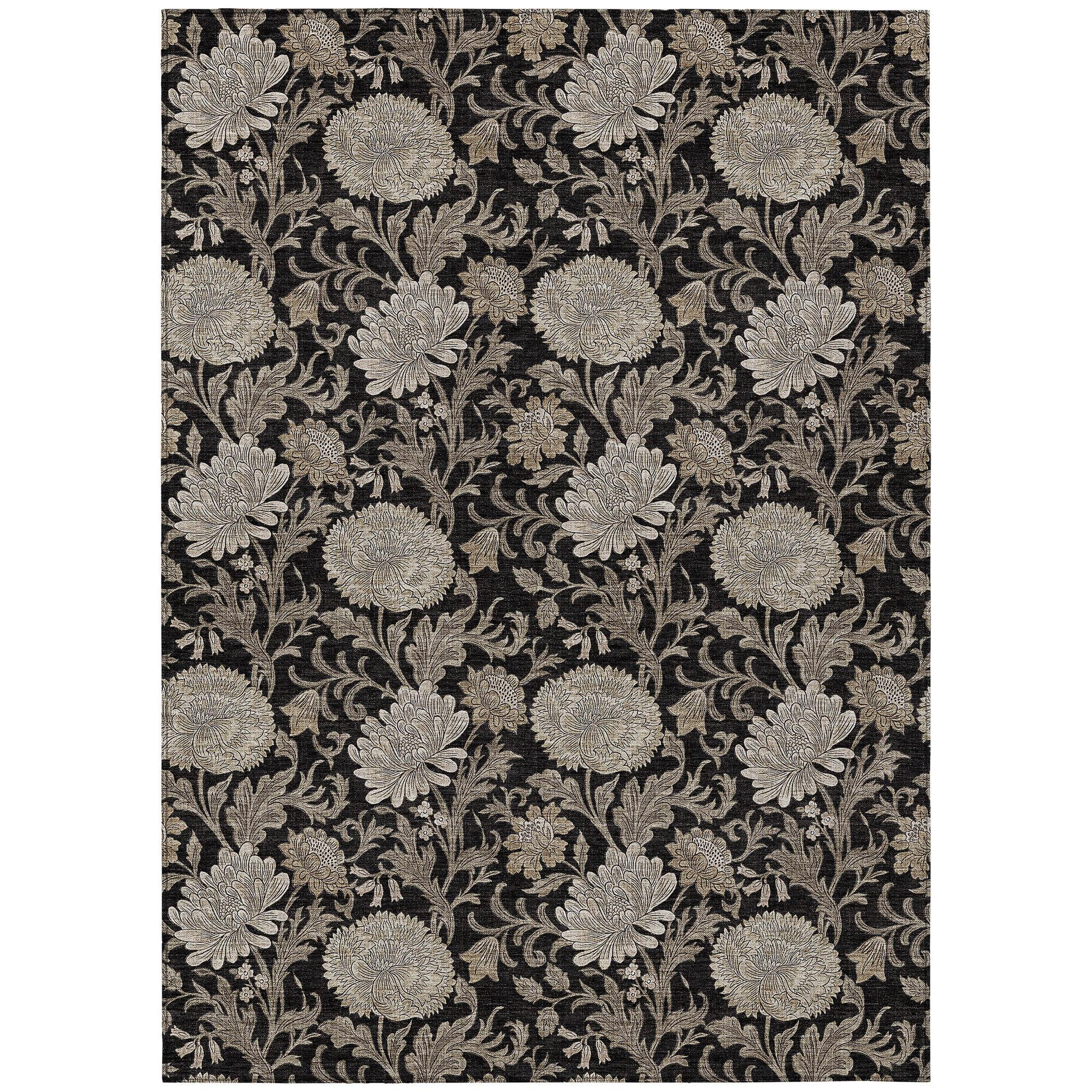 Addison Rugs Chantille Indoor/Outdoor Transitional Floral Black Washable Rectangle Rug, 5' x 7'6"