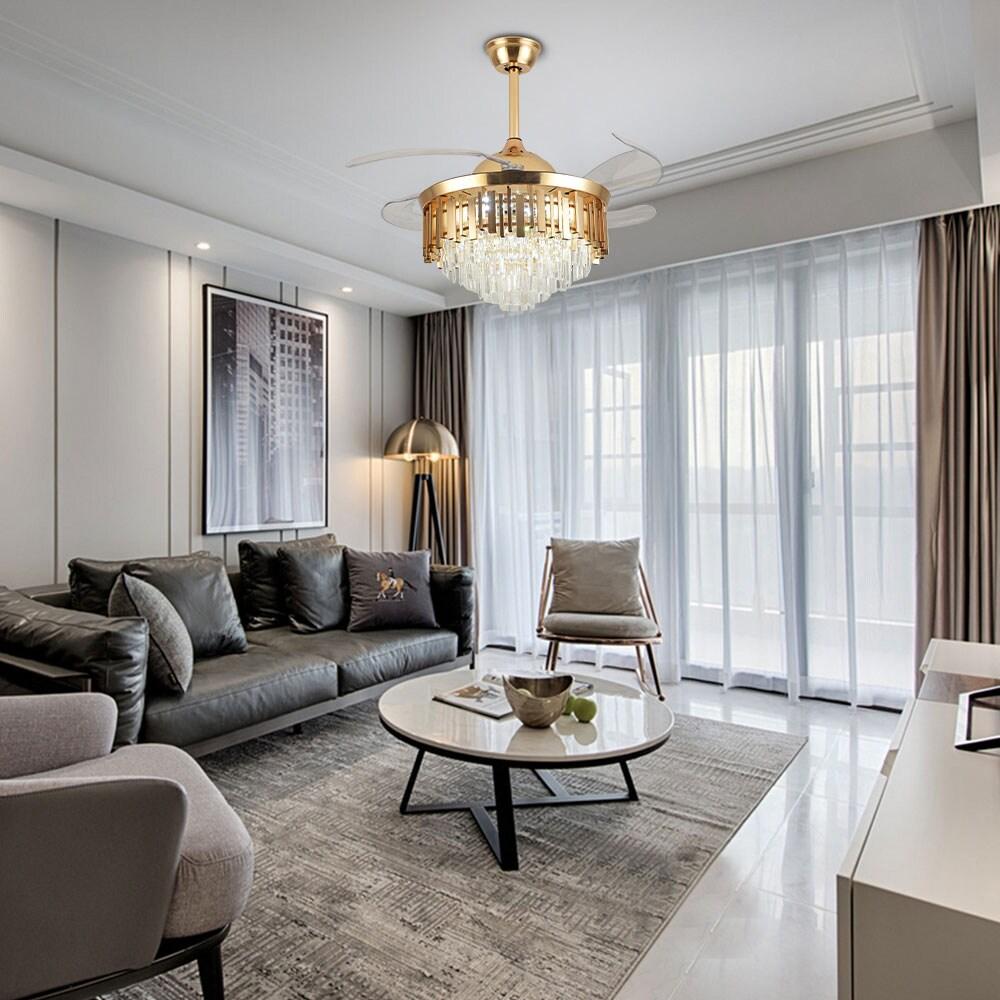 42 in. Integrated LED Indoor Gold Luxury Automatic Retractable Crystal Ceiling Fan with Remote