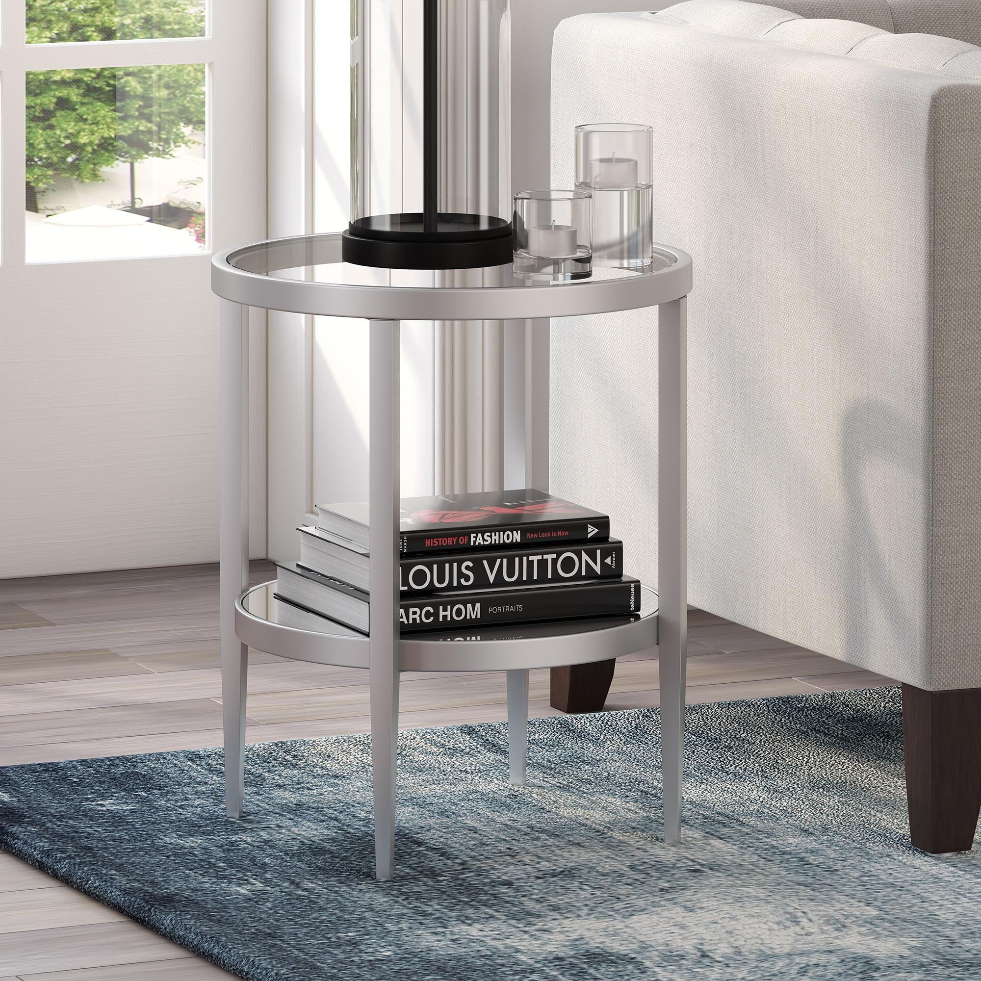 Evelyn&Zoe Hera 20" Wide Round Side Table with Mirror Shelf, Satin Nickel