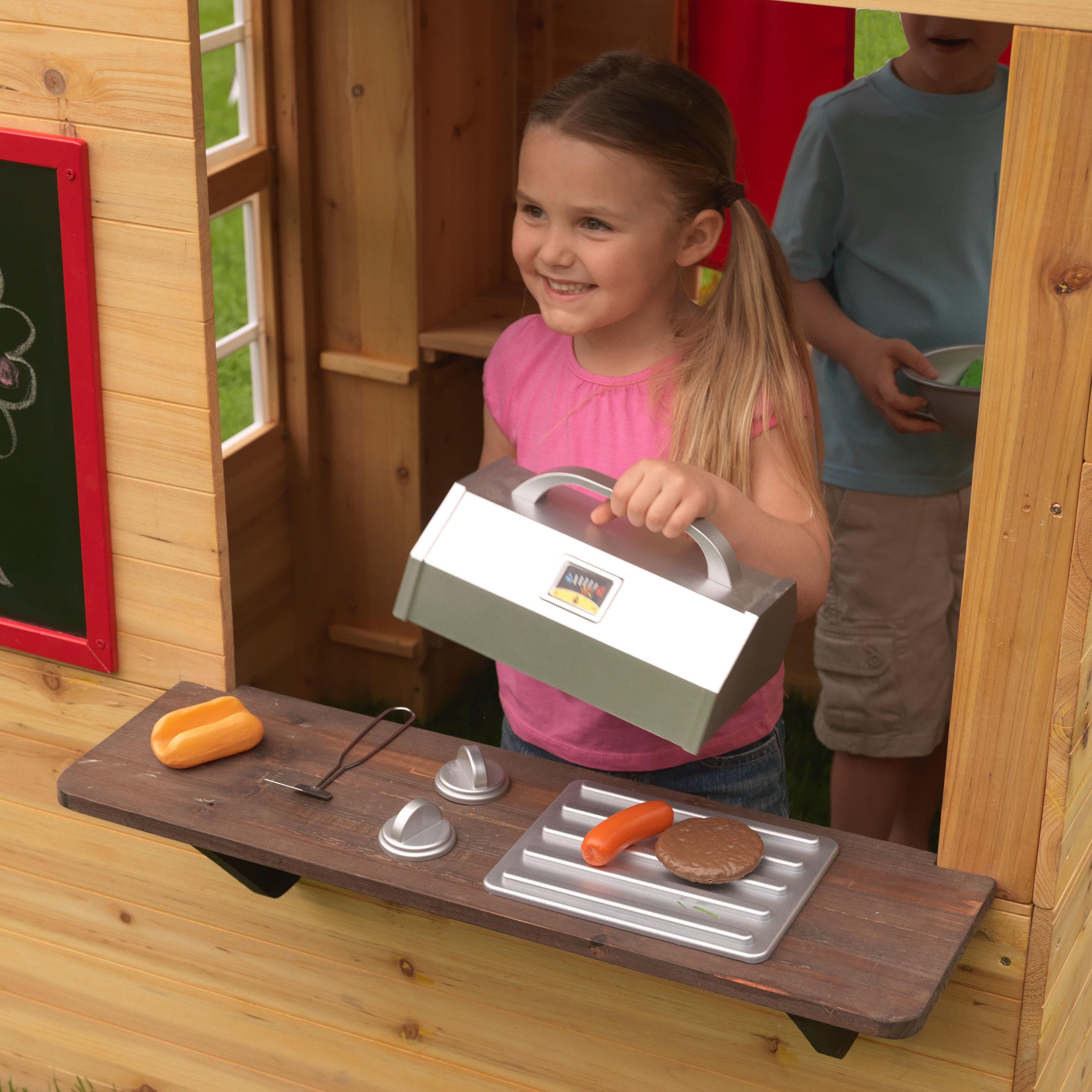 Modern Outdoor Wooden Playhouse with Picnic Table, Mailbox and Outdoor Grill