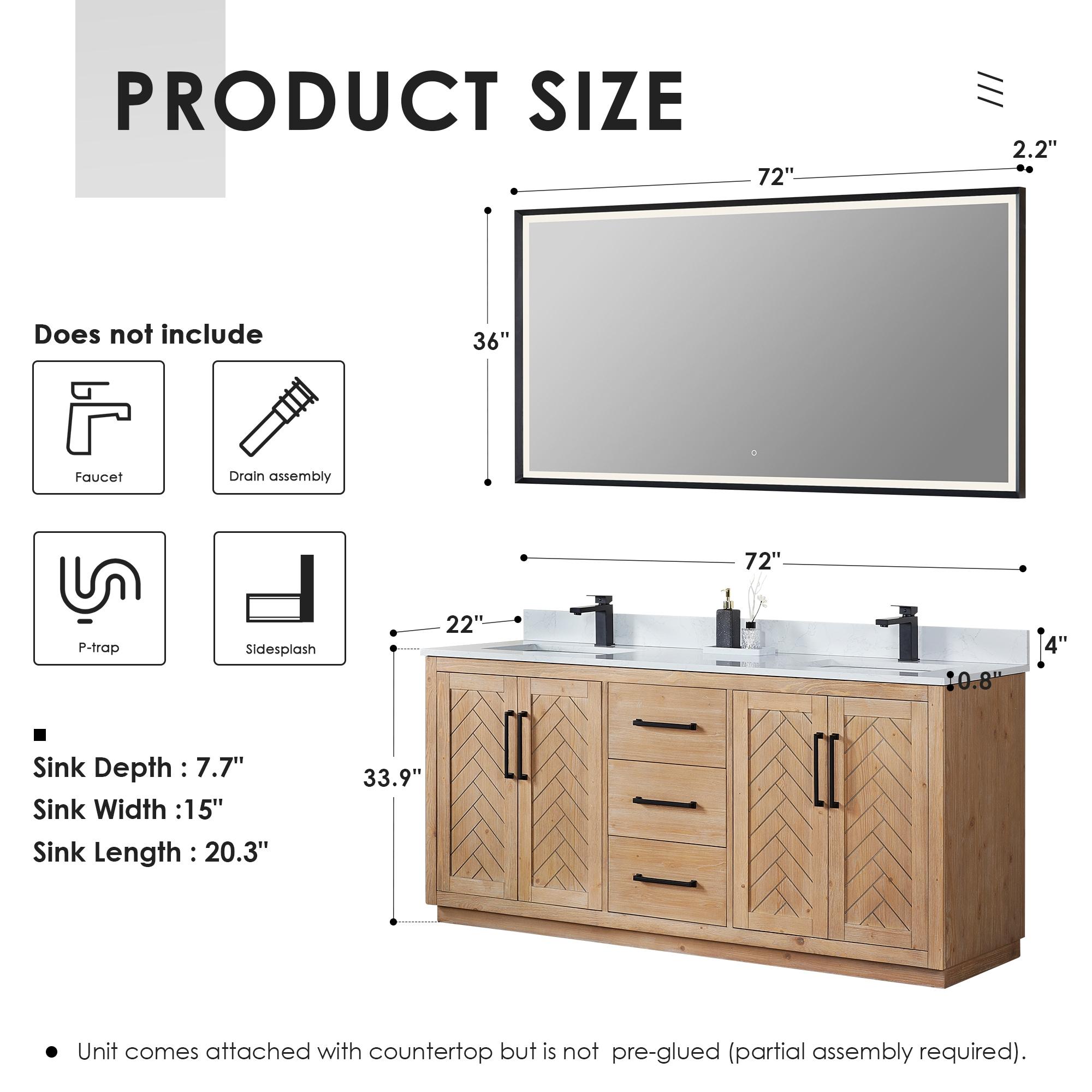 Anais 72" Wood Vanity in Light Brown with White Composite Stone Top with Mirror