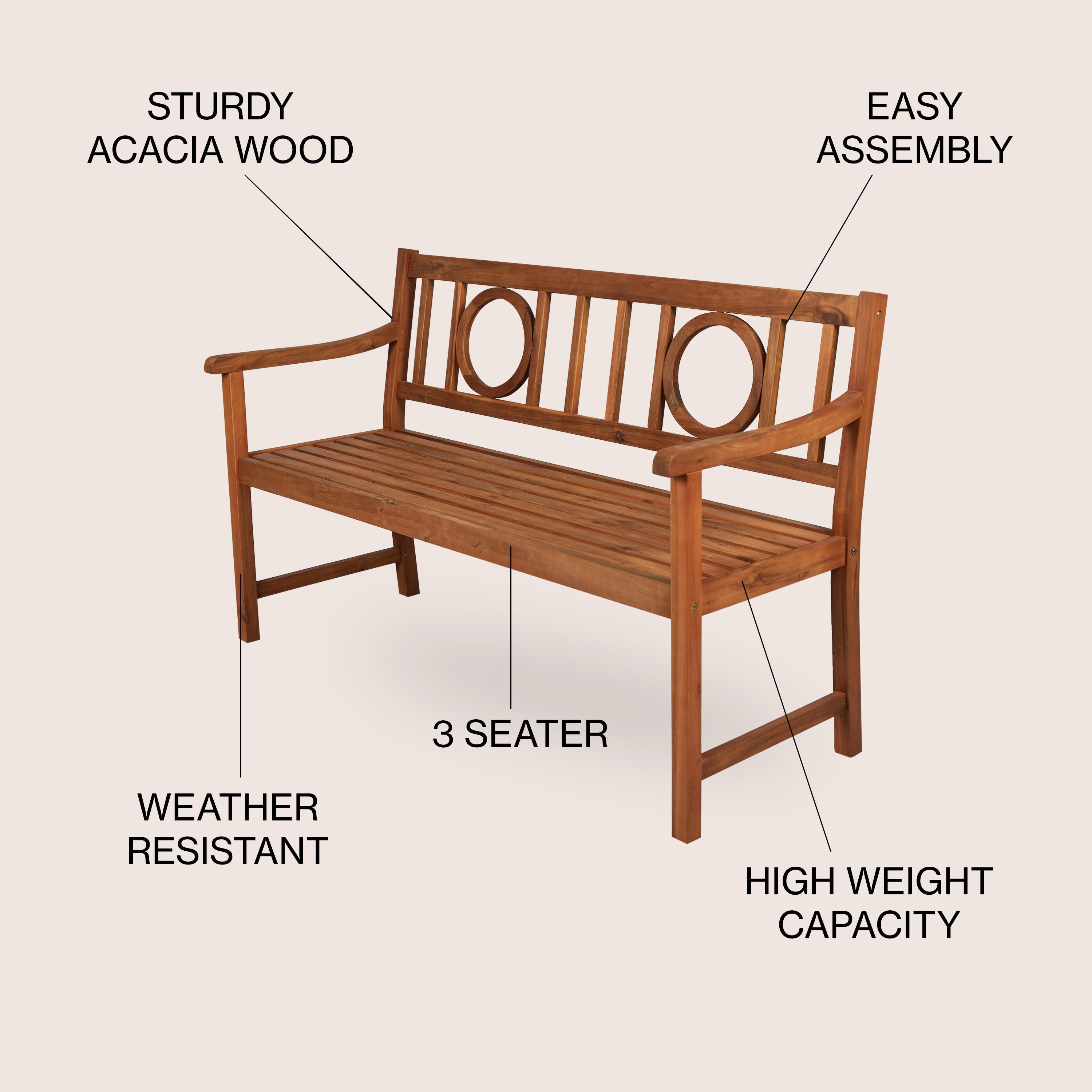 Apollo 3-Seat Circle-Back Acacia Wood Outdoor Garden Patio Bench, Teak - JONATHAN Y