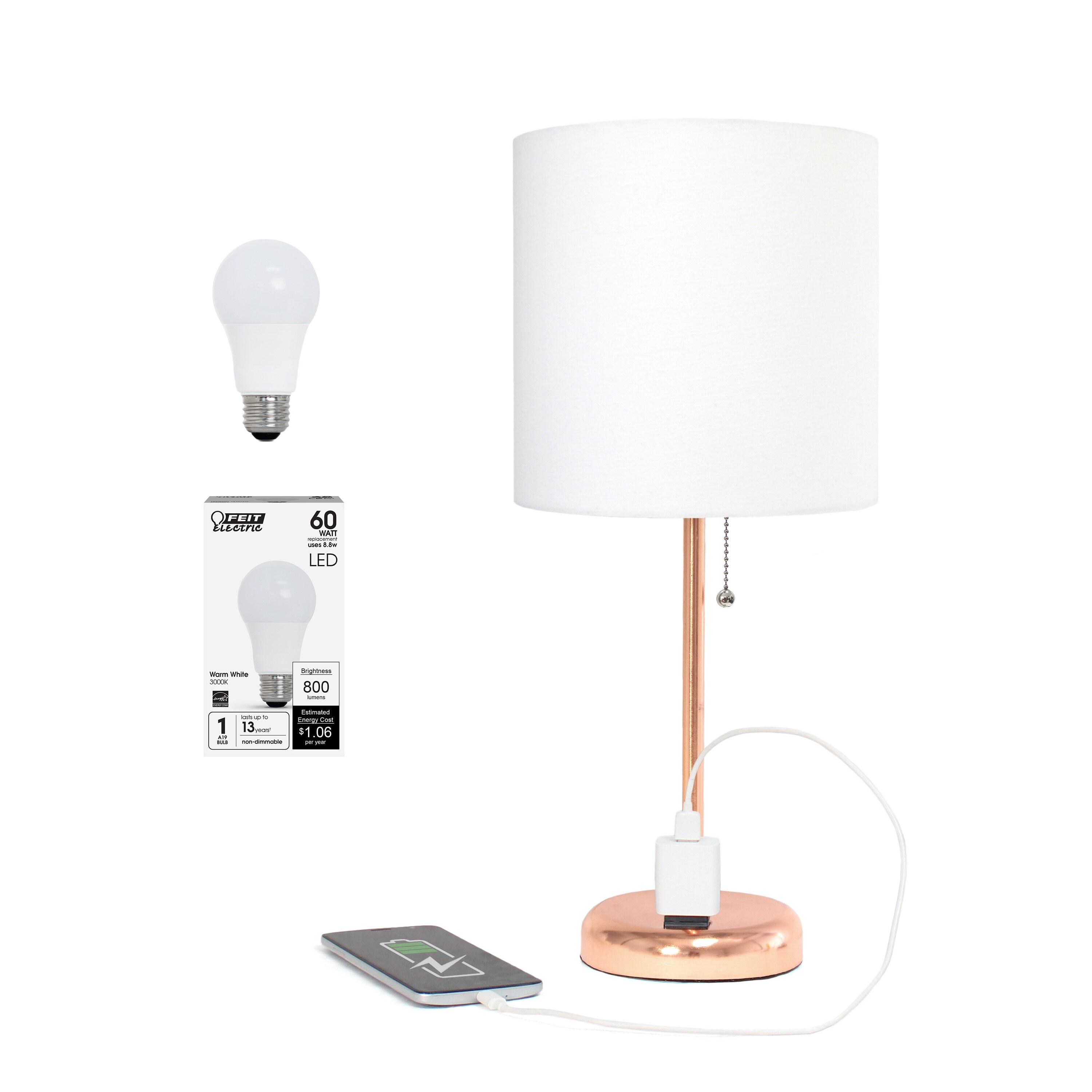 Creekwood Home Oslo 19.5" Power Outlet Base Metal Table Desk Lamp in Rose Gold with Feit LED (Includes LED Light Bulb) White