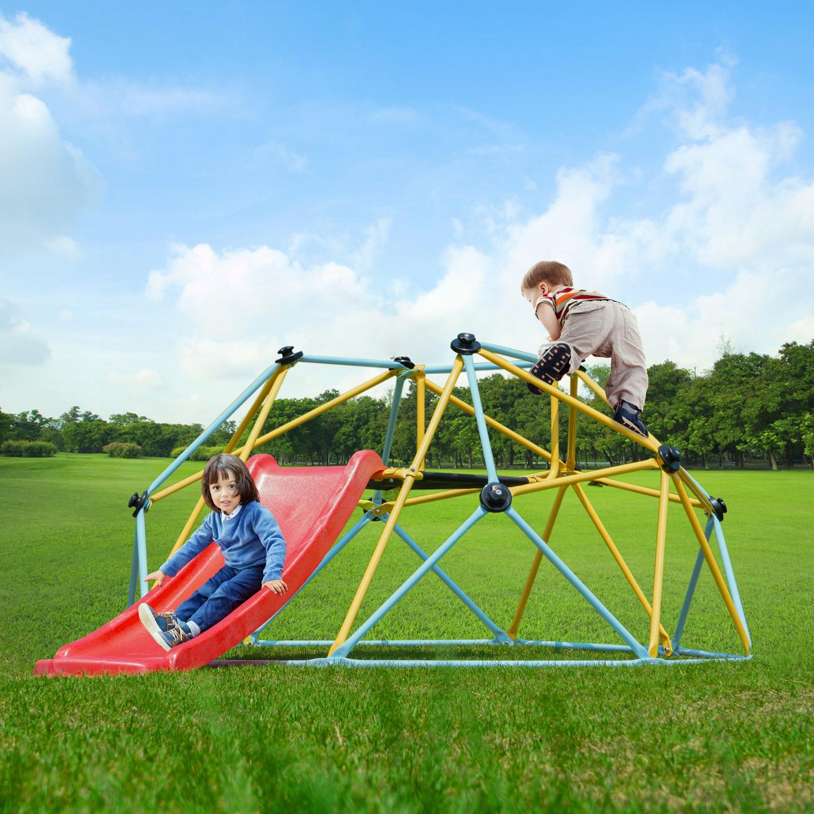 8FT Geometric Dome Climber with Red Slide and Steel Frame