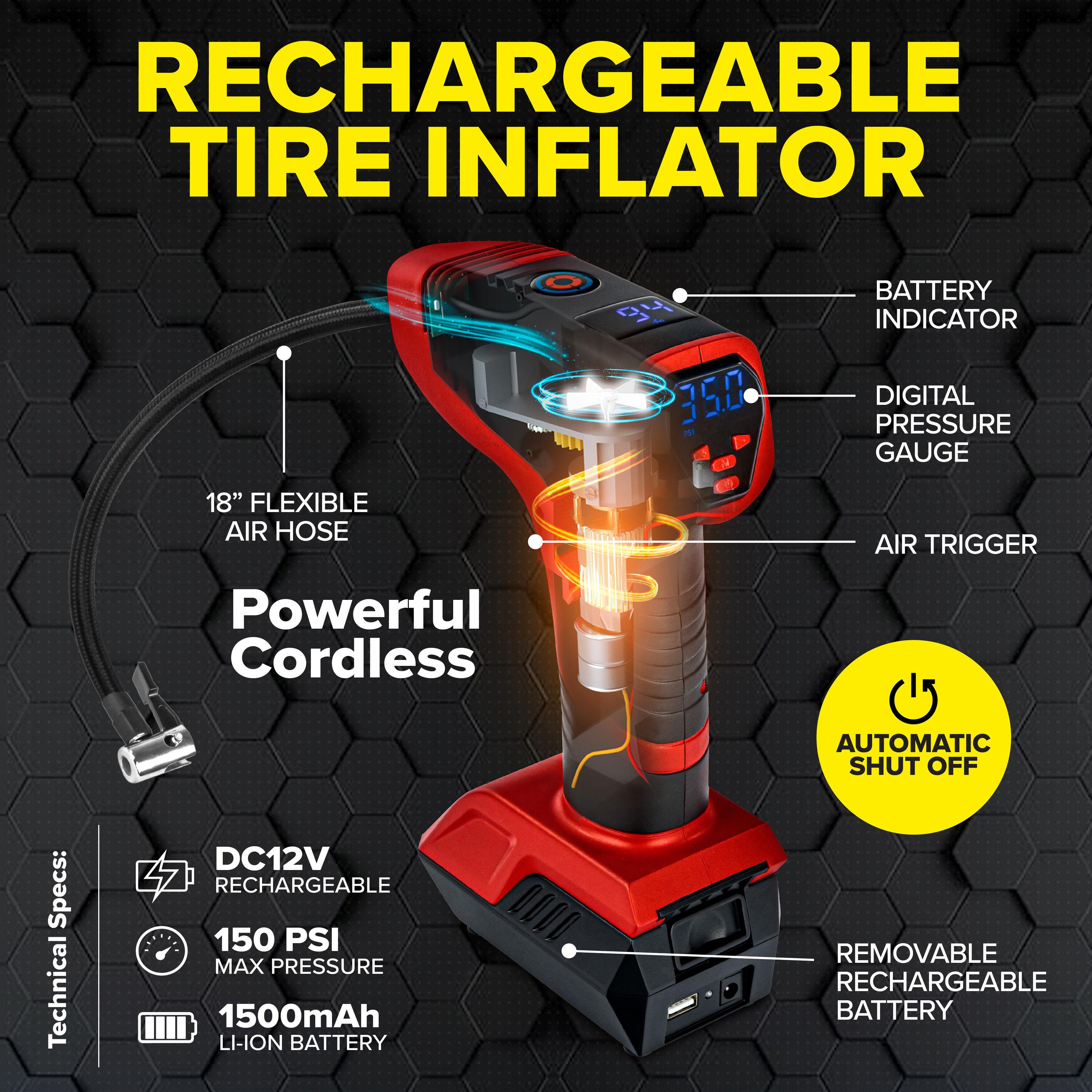 Bullseye Pro Portable Rechargeable Tire Inflator with Digital Pressure Gauge - Red