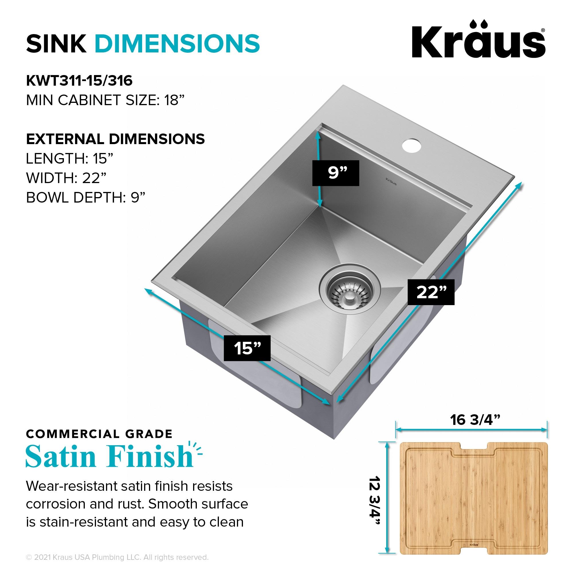 KRAUS Kore™ 15" L Outdoor Workstation Drop-In 16 Gauge Marine Grade T-316 Stainless Steel Single Bowl Kitchen Bar Sink