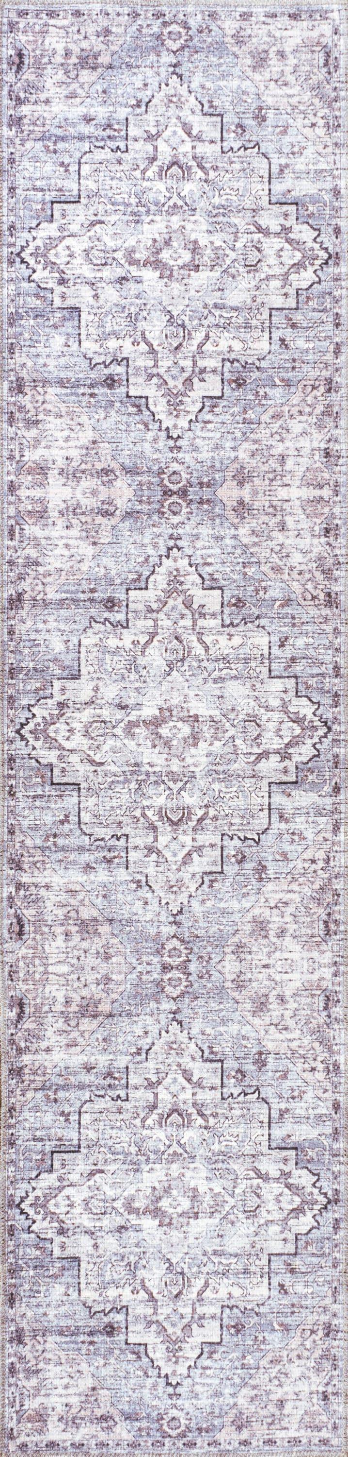 2' x 8' Didim Boho Gray Medallion Machine Washable Indoor/Outdoor Runner Rug, Gray/Purple - JONATHAN Y