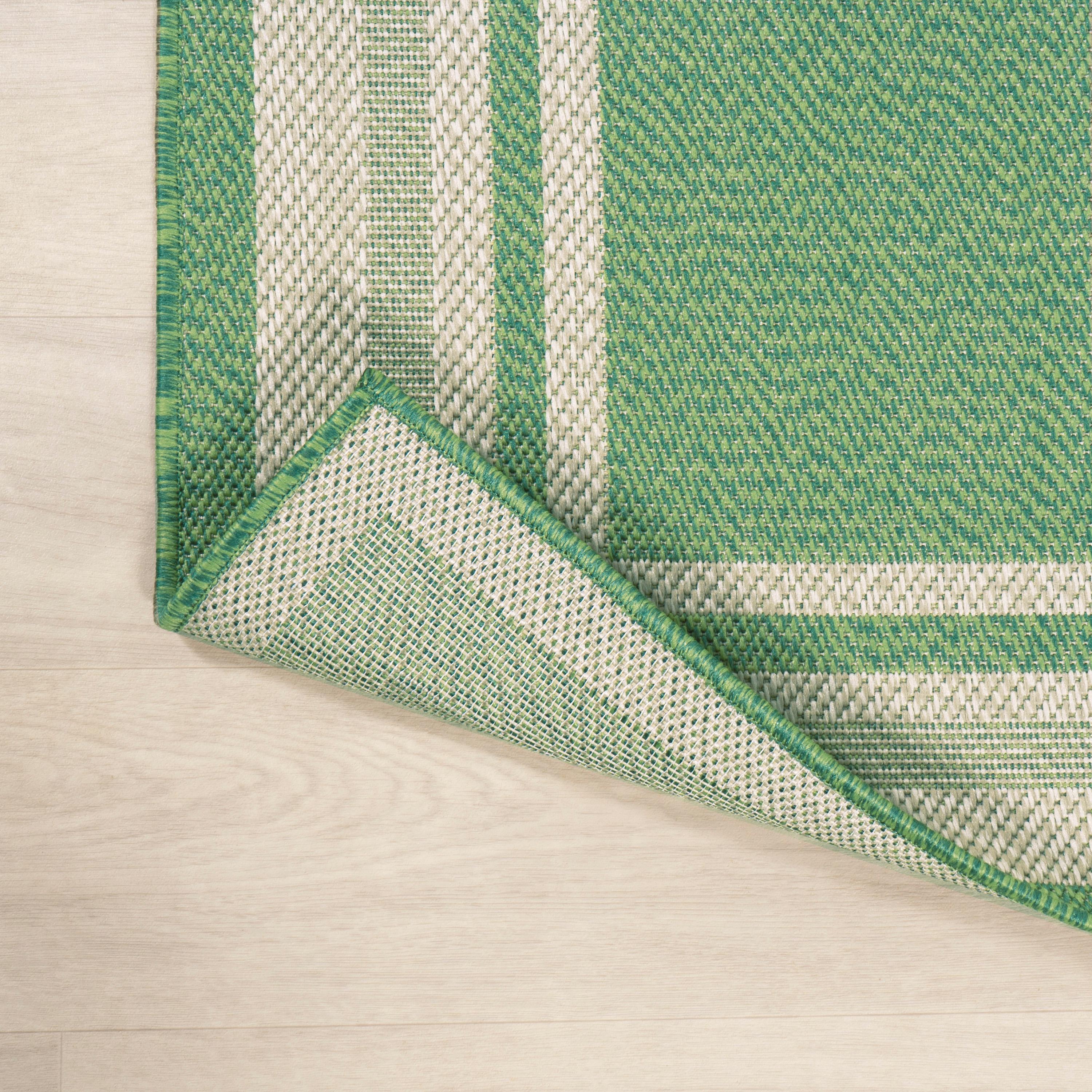 2' x 8' James Modern Border Stripe Indoor/Outdoor Runner Rug, Green/Cream - JONATHAN Y