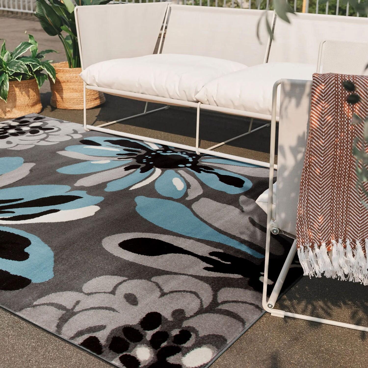 World Rug Gallery Contemporary Modern Flowers Area Rug - Blue 5'3" x 7'3"