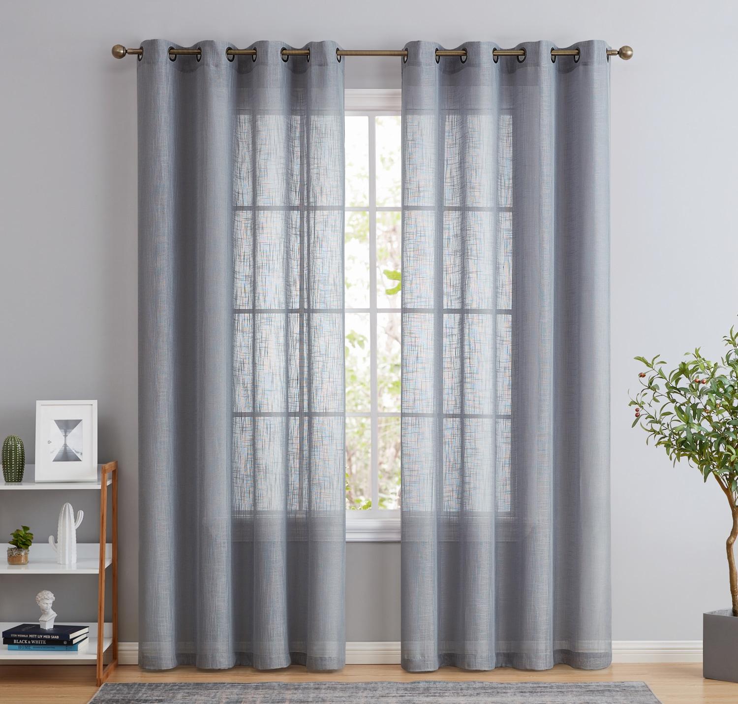 THD Serena Faux Linen Textured Semi Sheer Transparent Window Grommet Long Thick Curtain Panels, Pair