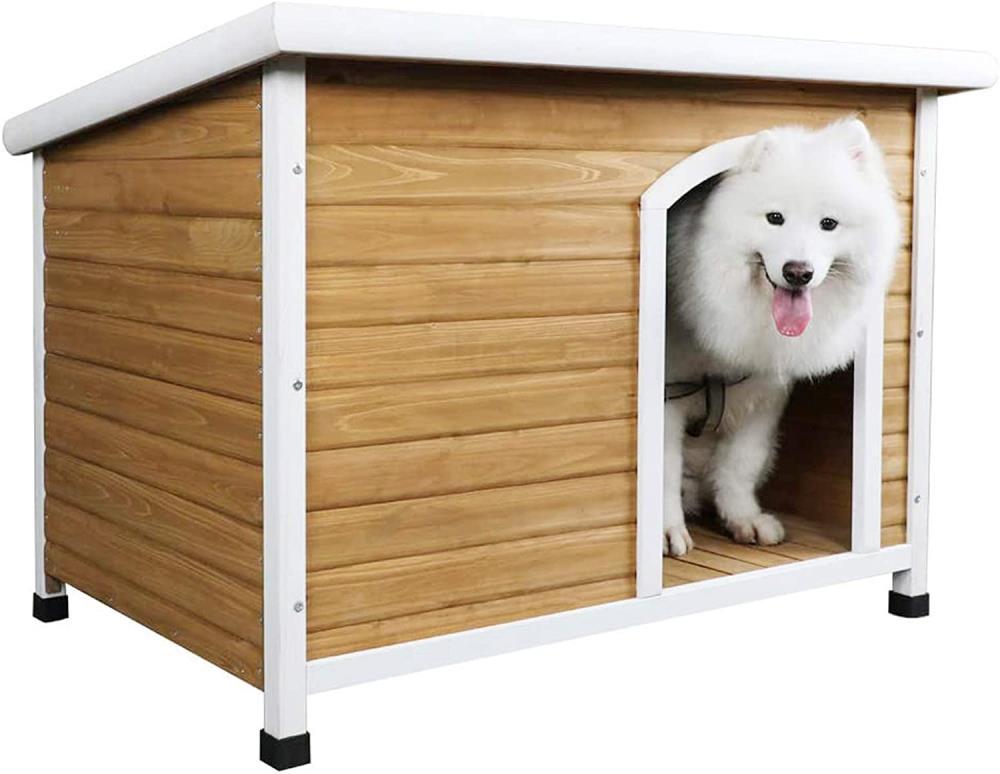 Petsfit Wooden Dog House for Medium to Large Dogs, Yellow and White, large/45.6" x 30.9" x 32.1"