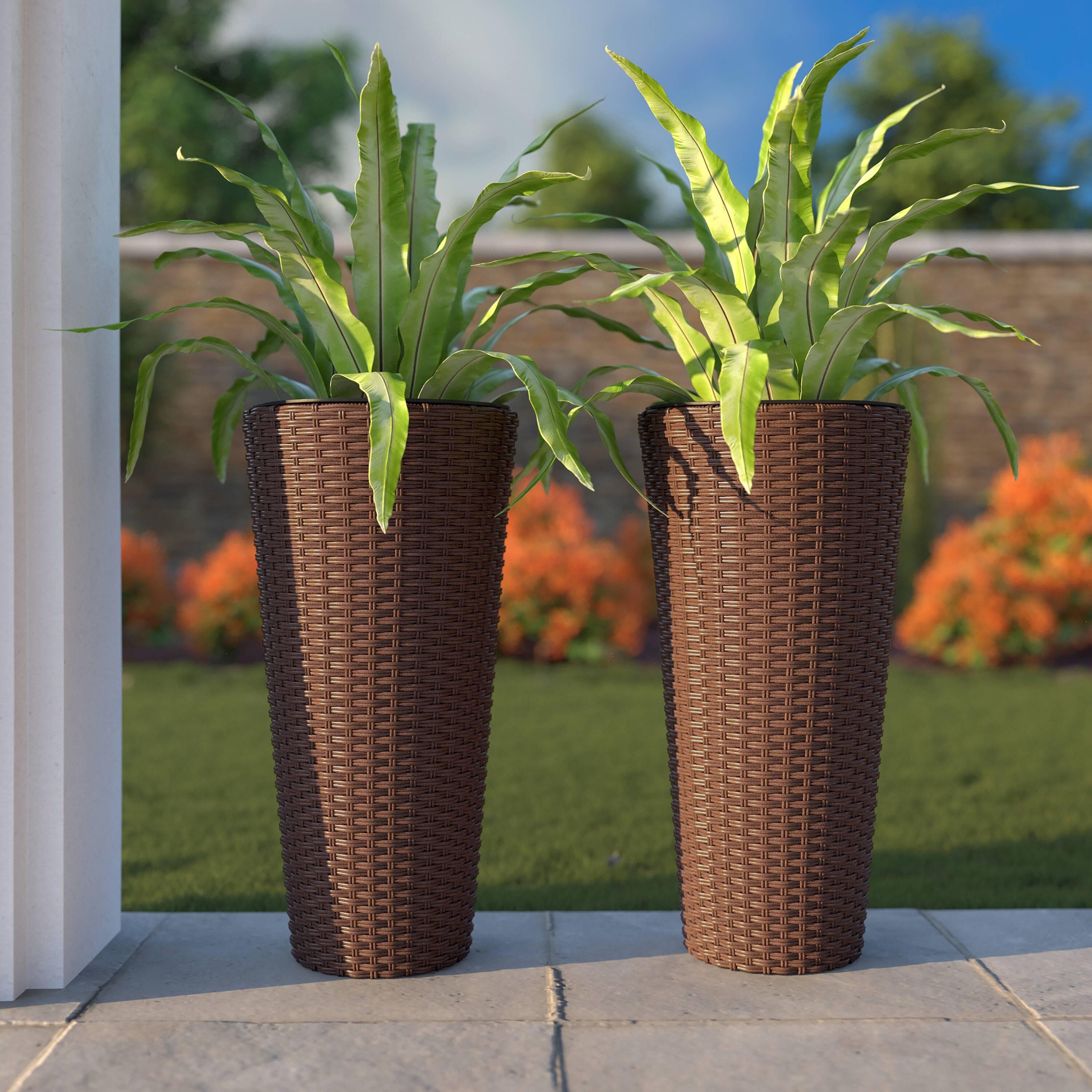 Balkene Home Noah All-Weather Wicker Planter Set with Liners Tall Plant Decor Box for Outdoors & Indoors Patio Herb Garden - 2 Piece Set – Mocha