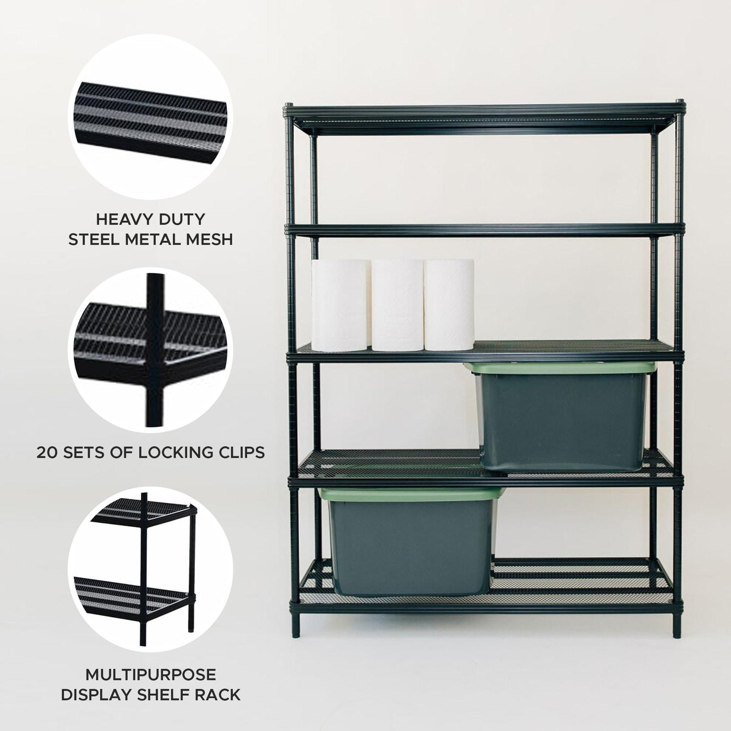 Design Ideas MeshWorks 5 Tier Full-Size Metal Storage Shelving Unit Rack for Kitchen, Office, and Garage Organization, 47.2” x 17.7” x 63,” Black