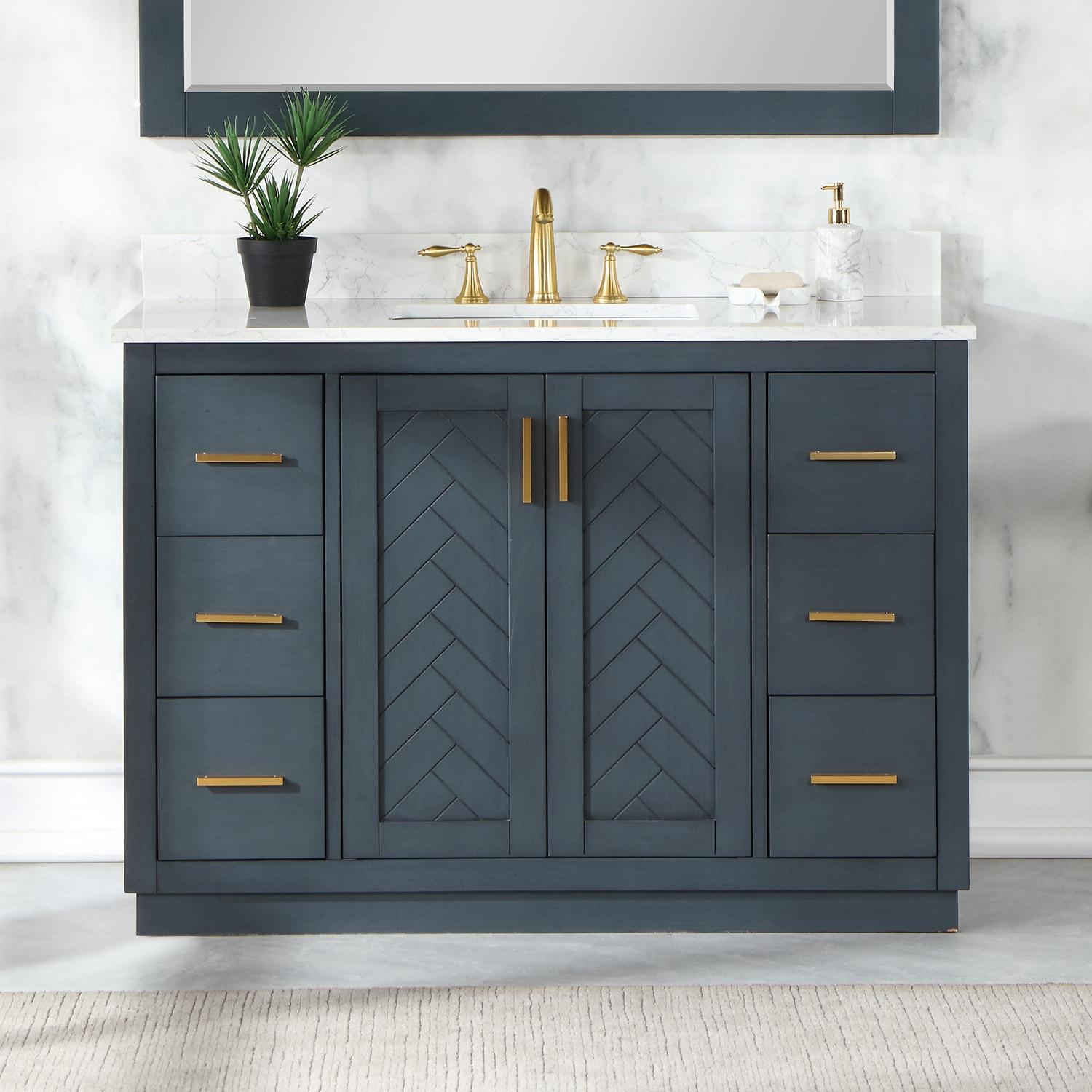 Gazsi 48" Single Bathroom Vanity Set in Charcoal Blue with Grain White Composite Stone Countertop without Mirror