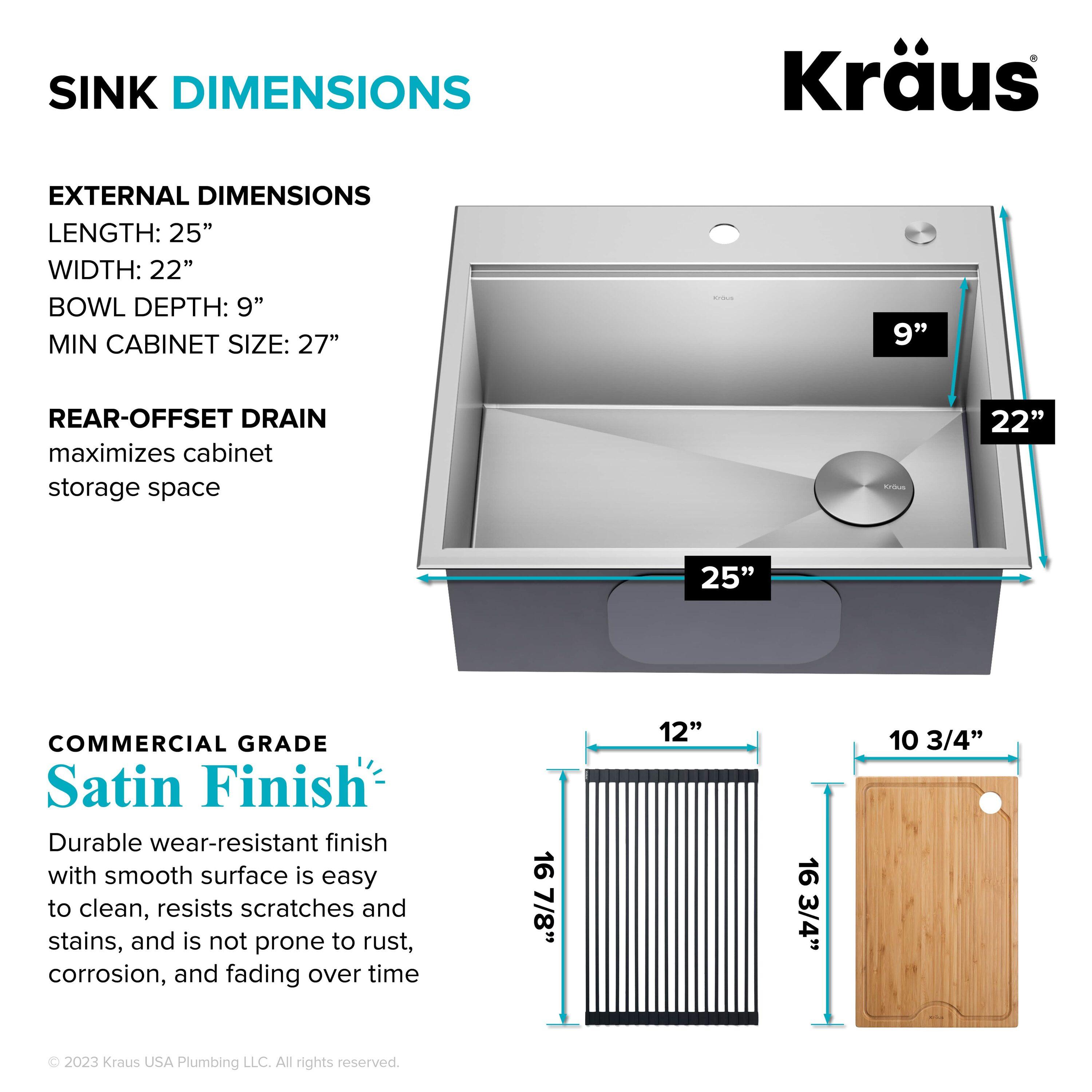 KRAUS Kore™ Workstation 25-inch L Drop-In 16 Gauge Single Bowl Stainless Steel Kitchen Sink with Accessories