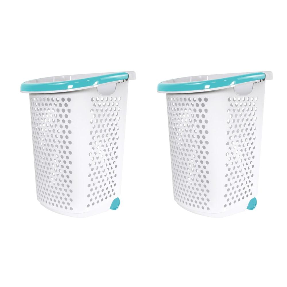 Home Logic 2 Bushel Rolling Plastic Laundry Hamper with Pop-up Handle, White, 2 Pack