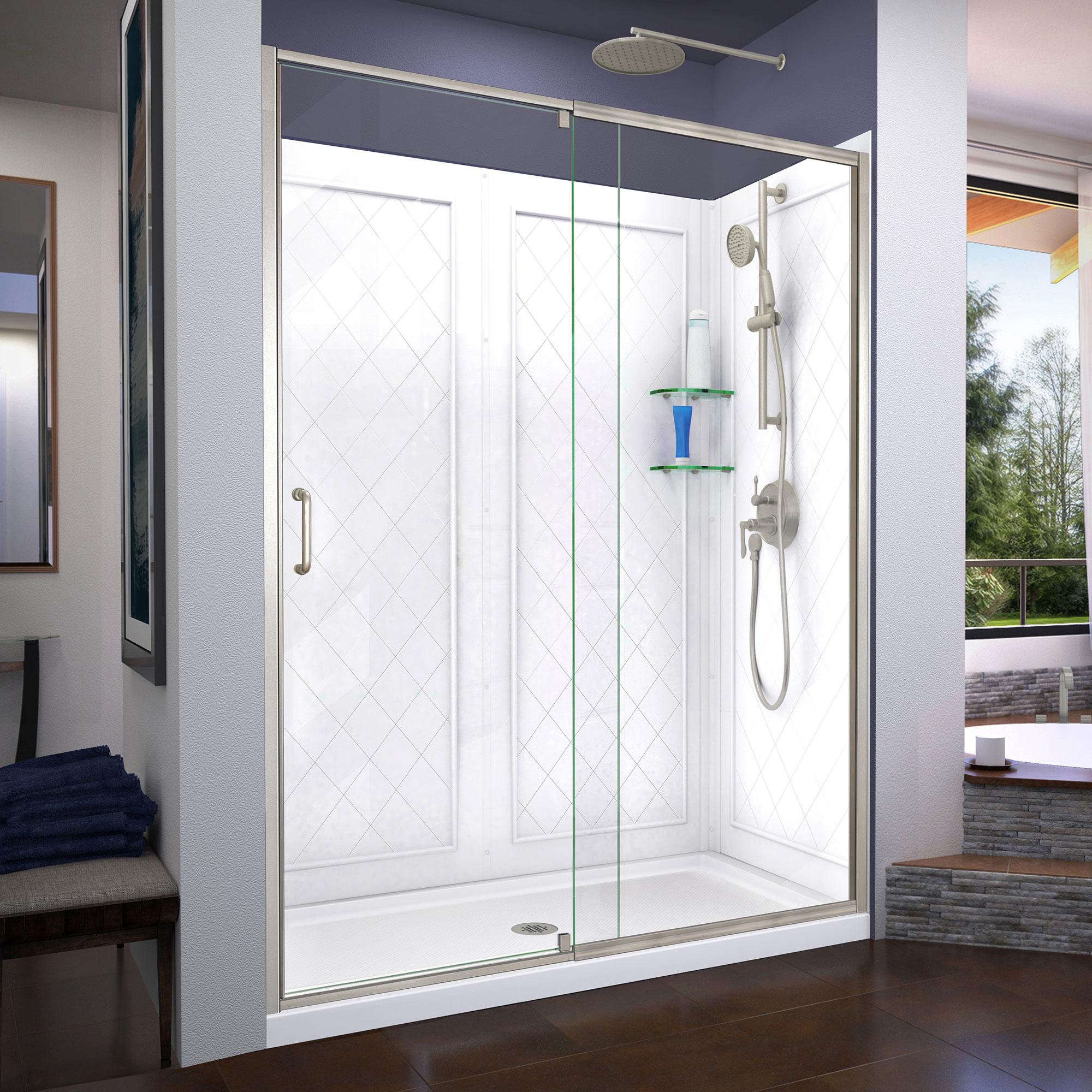 DreamLine Flex 30 in. D x 60 in. W x 76 3/4 in. H Semi-Frameless Shower Door in Brushed Nickel with Center Drain Base, Backwalls