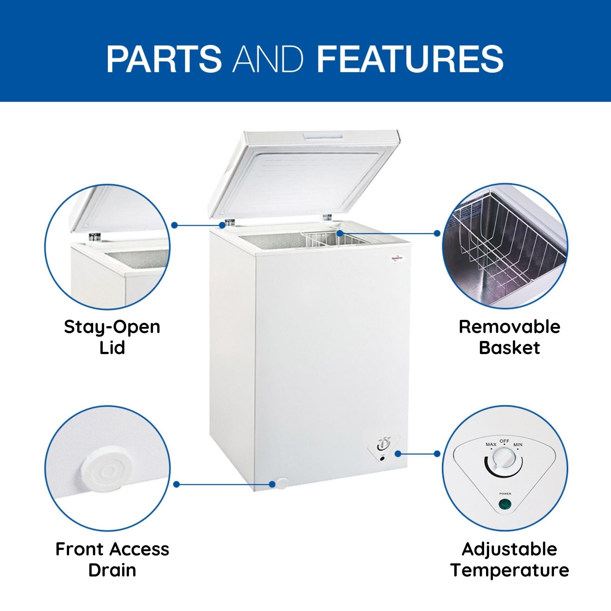 Koolatron 3.5 cu ft Compact Chest Freezer 99L White Manual Defrost Deep Freeze Storage Basket Space-Saving Flat Back