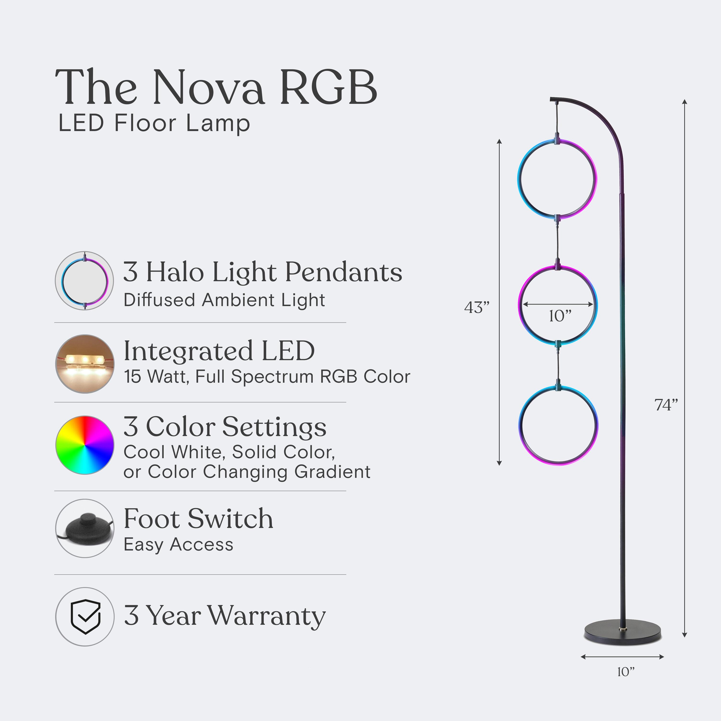 Brightech Nova 74 in. Novelty Industrial 3-Hanging Ring Light LED Standing Floor Lamp with Built-In Color Options