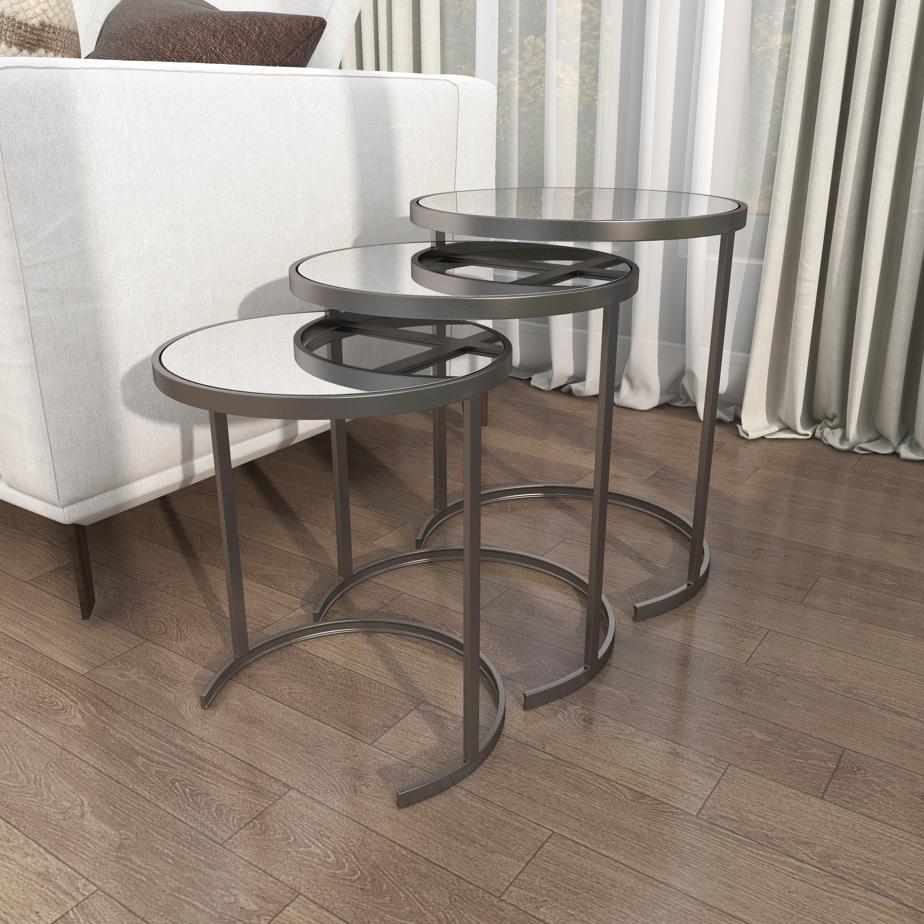 Oakengates Metal Round Nesting Side End Accent Table with Mirrored Glass Top Set