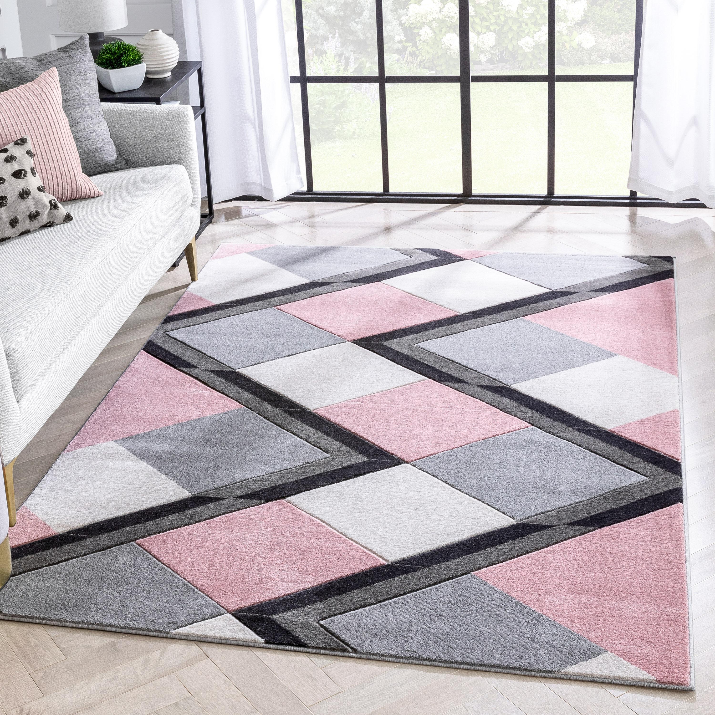 Well Woven Naya Blush Pink Modern Geometric Diamond Boxes Pattern Area Rug 5x7 (5'3" x 7'3")