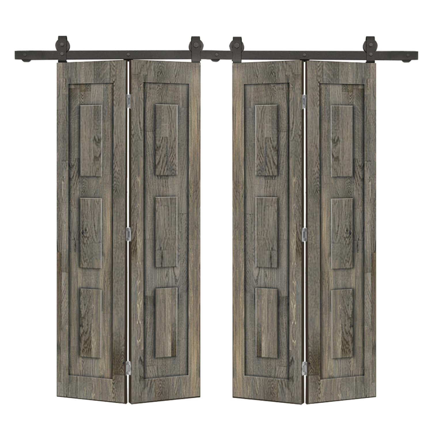 Calhome 3 Panel Shaker Pine Wood Double Bi-Fold Door with Sliding Barn Door Hardware Kit