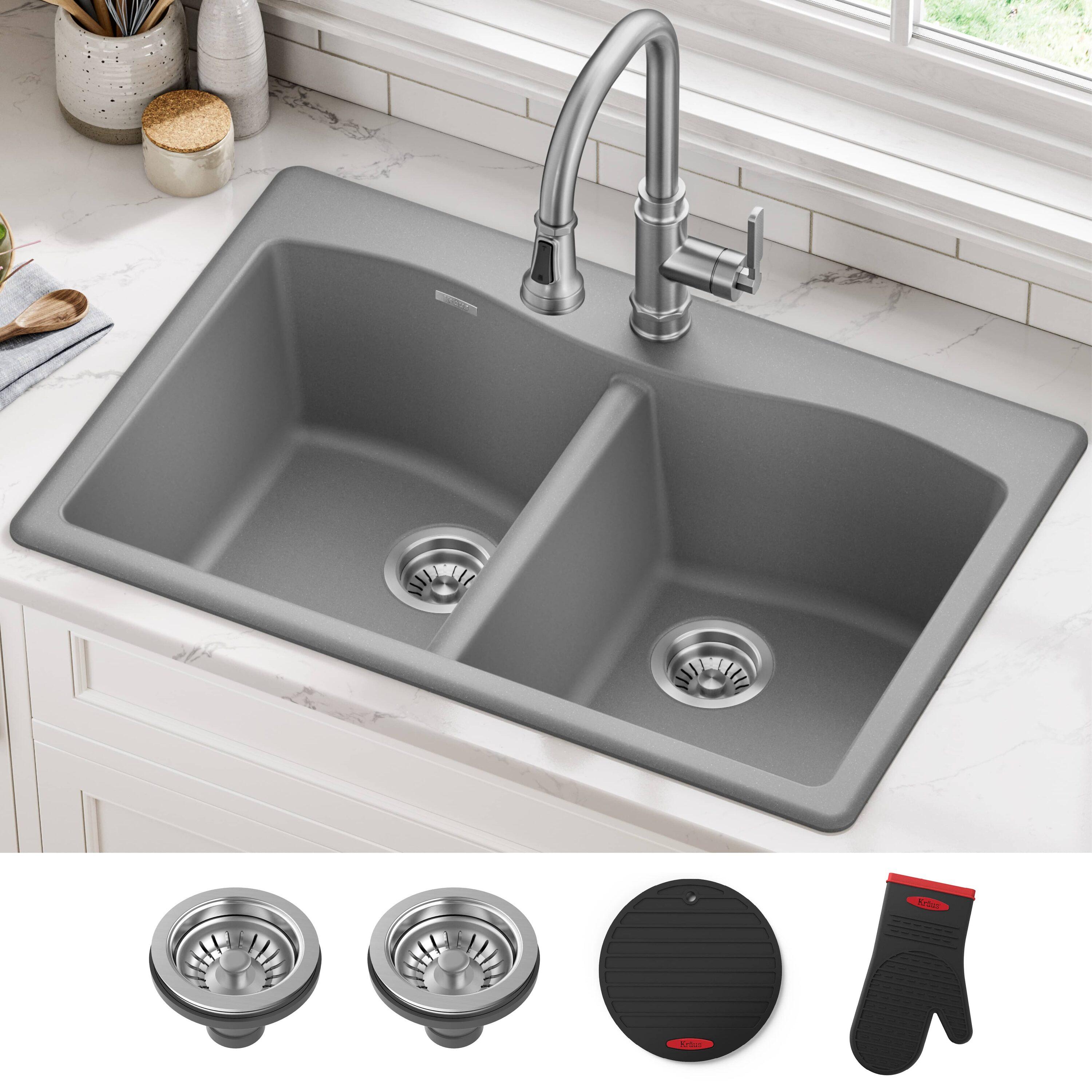 KRAUS Forteza™ 33" L Dual Mount 50/50 Double Bowl Granite Kitchen Sink