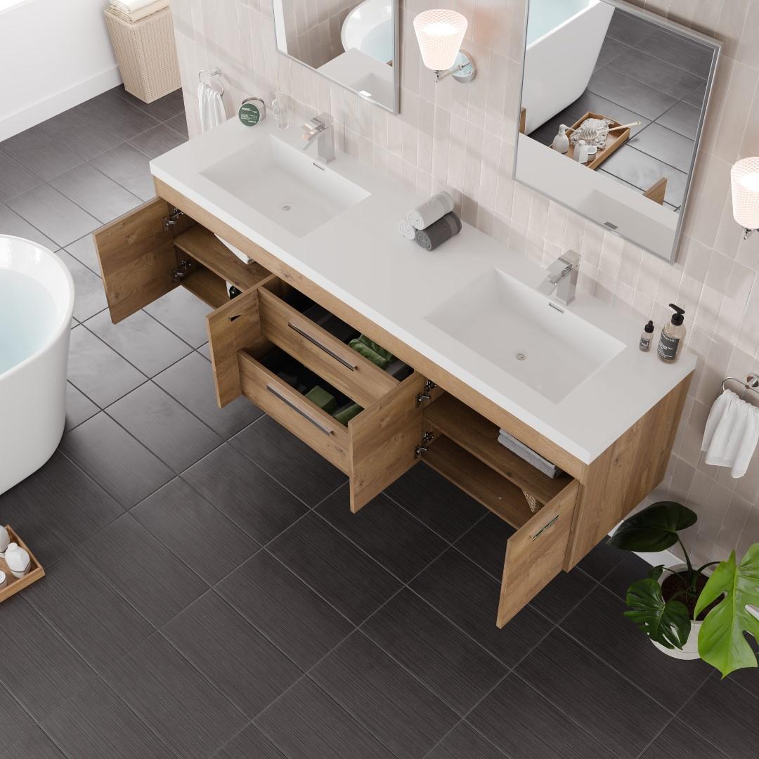 Wade Logan® Wauconda 72"W X 20"D Wall Mount Double Sink Bathroom Vanity With White Acrylic Countertop And Integrated Sinks