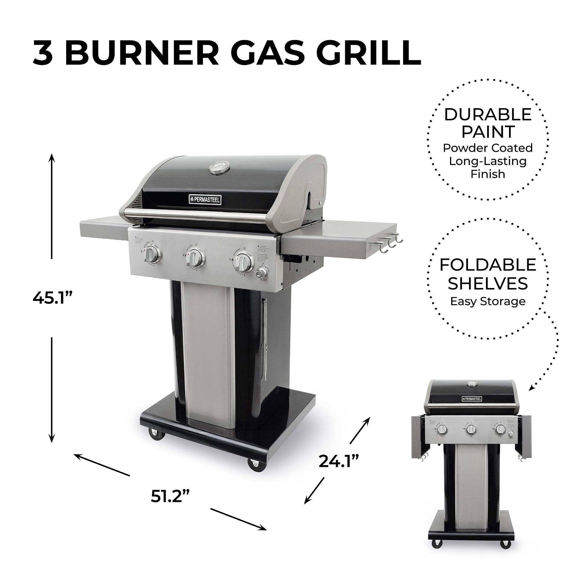 Permasteel 3-Burner Compact Propane Gas Grill with Foldable Side Tables and Grilling Tool Hooks