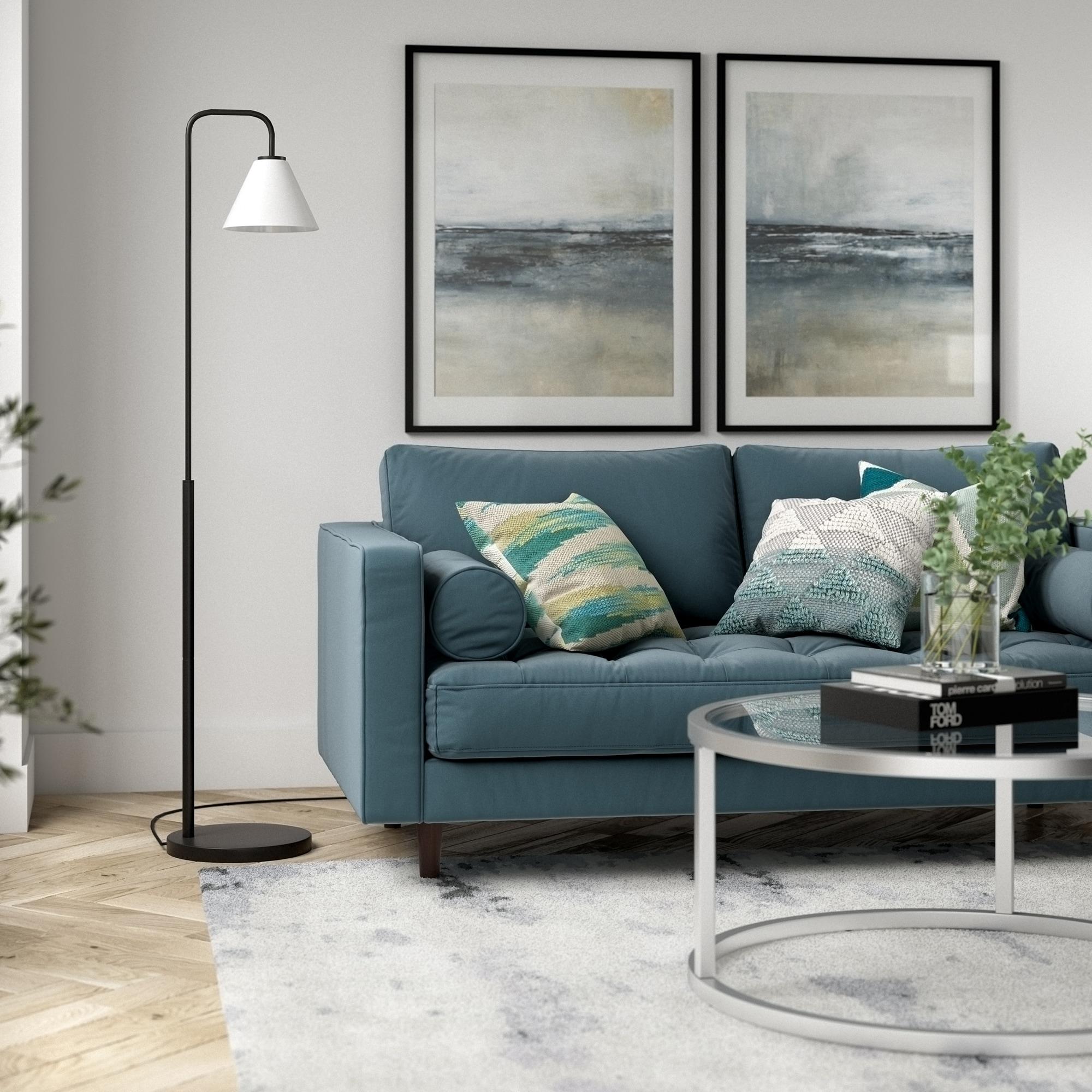 Evelyn&Zoe Henderson Arc Floor Lamp with Glass Shade, Blackened Bronze/White Milk