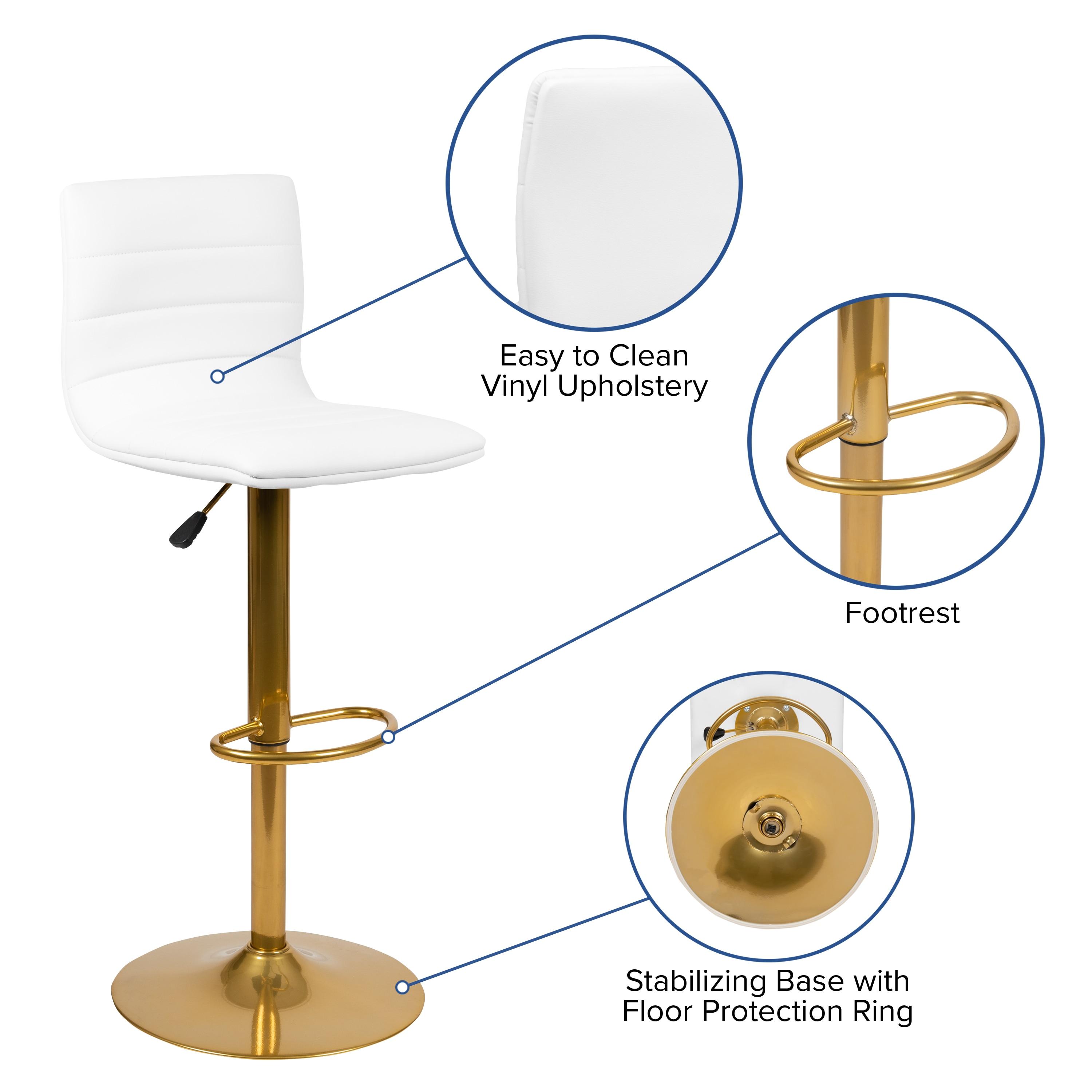 Flash Furniture Modern White Vinyl Adjustable Bar Stool with Back, Counter Height Swivel Stool with Gold Pedestal Base, Set of 2