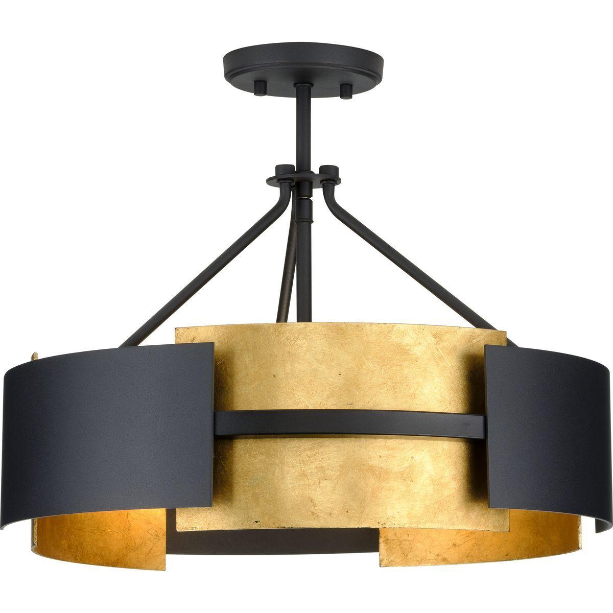 Progress Lighting Lowery 3-Light Semi-Flush Mount Ceiling Light, Textured Black/Distressed Gold, Rectangular Shields