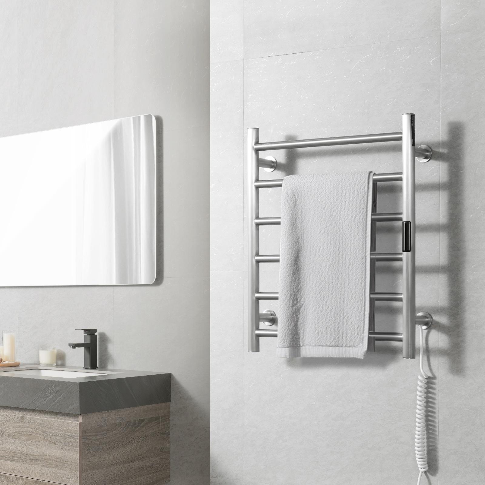 VEVOR 6 Bars Towel Warmer Rack, Wall Mounted Heated Towel Rack for Bathroom, IPX5 Waterpoof Towel Heater Rack with Timer & Display Screen, Silver