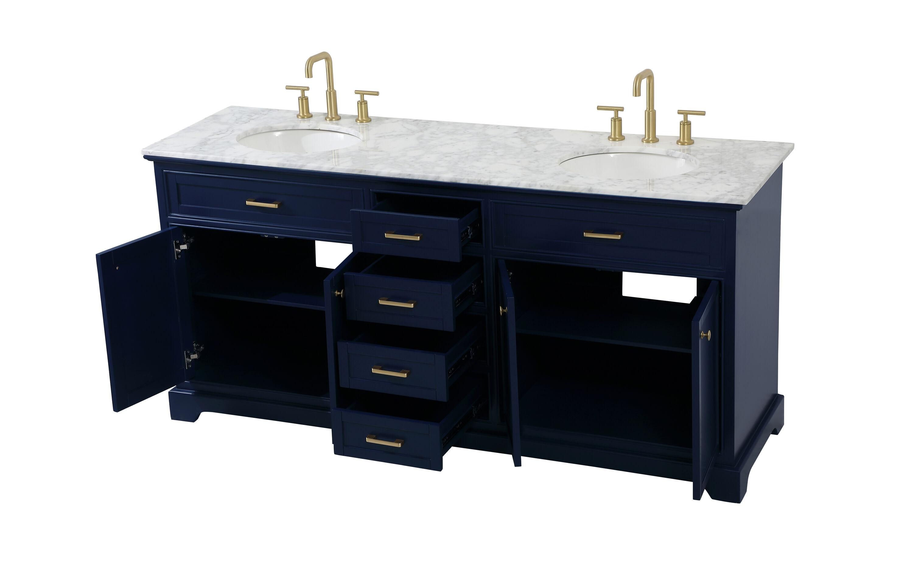 Elegant Decor Americana 72" Metal MDF Marble Double Bathroom Vanity in Blue