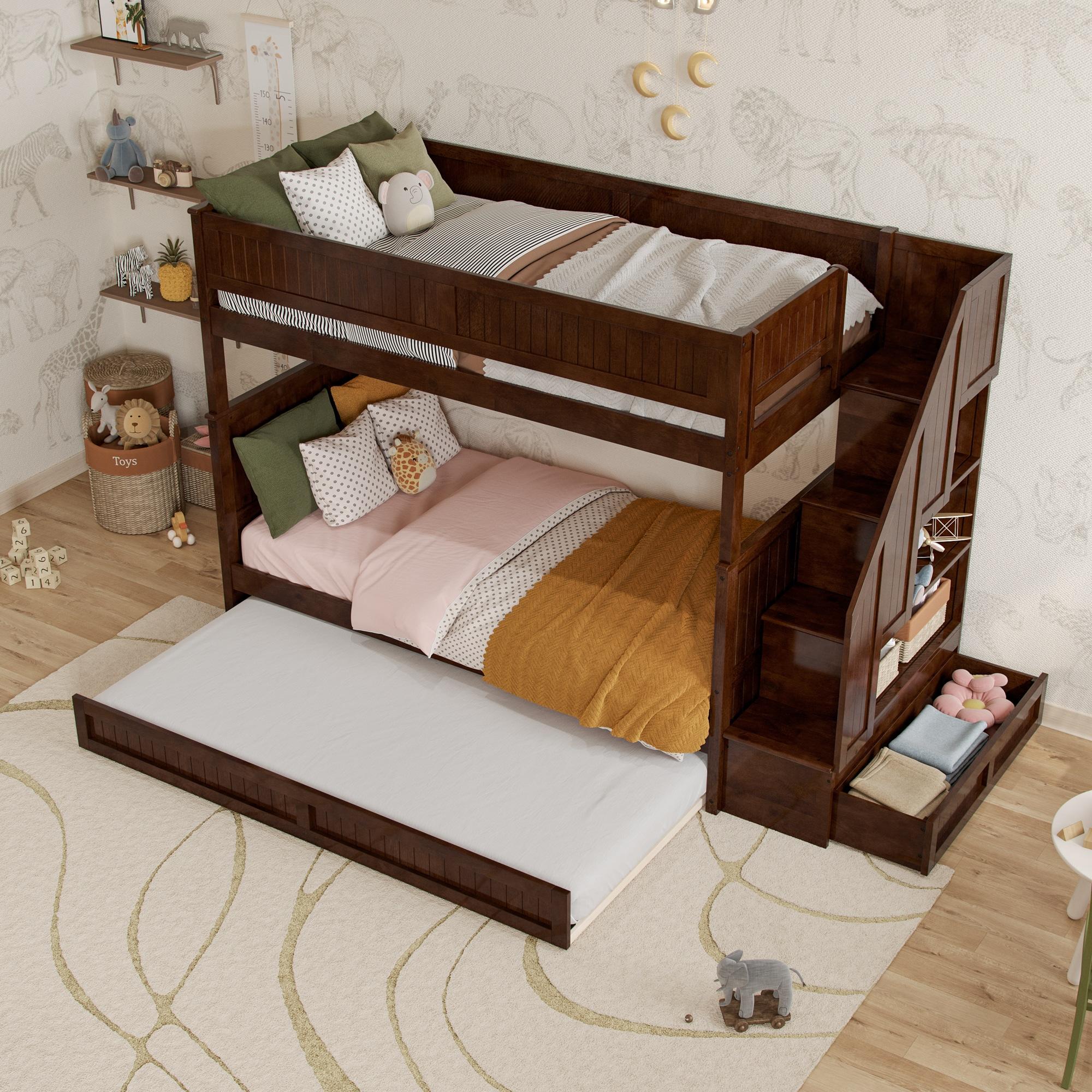 Walnut Twin Over Twin Bunk Bed with Storage Drawer and Trundle