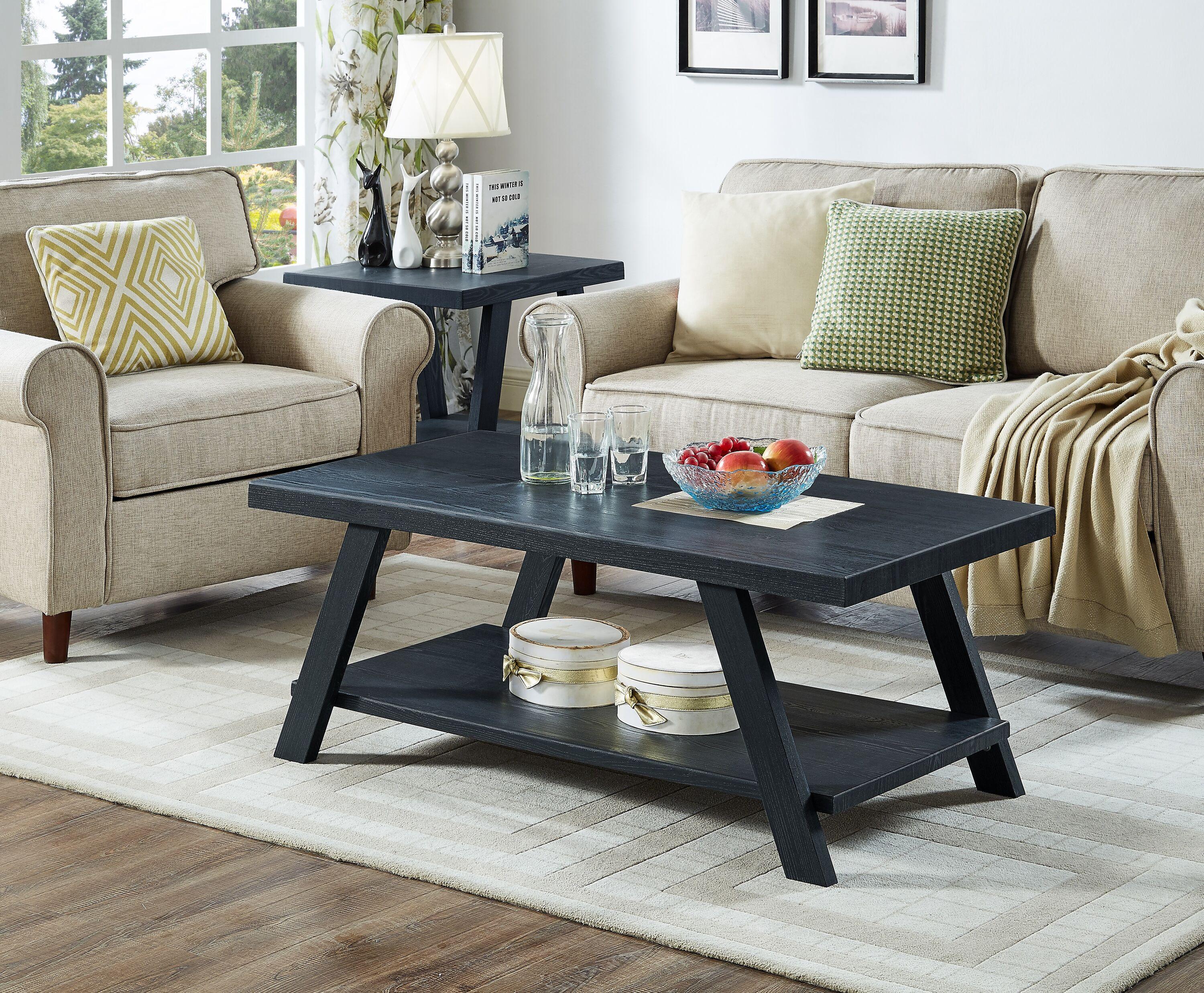 Roundhill Furniture Athens Contemporary Replicated Wood Shelf Coffee Set Table in Black Finish