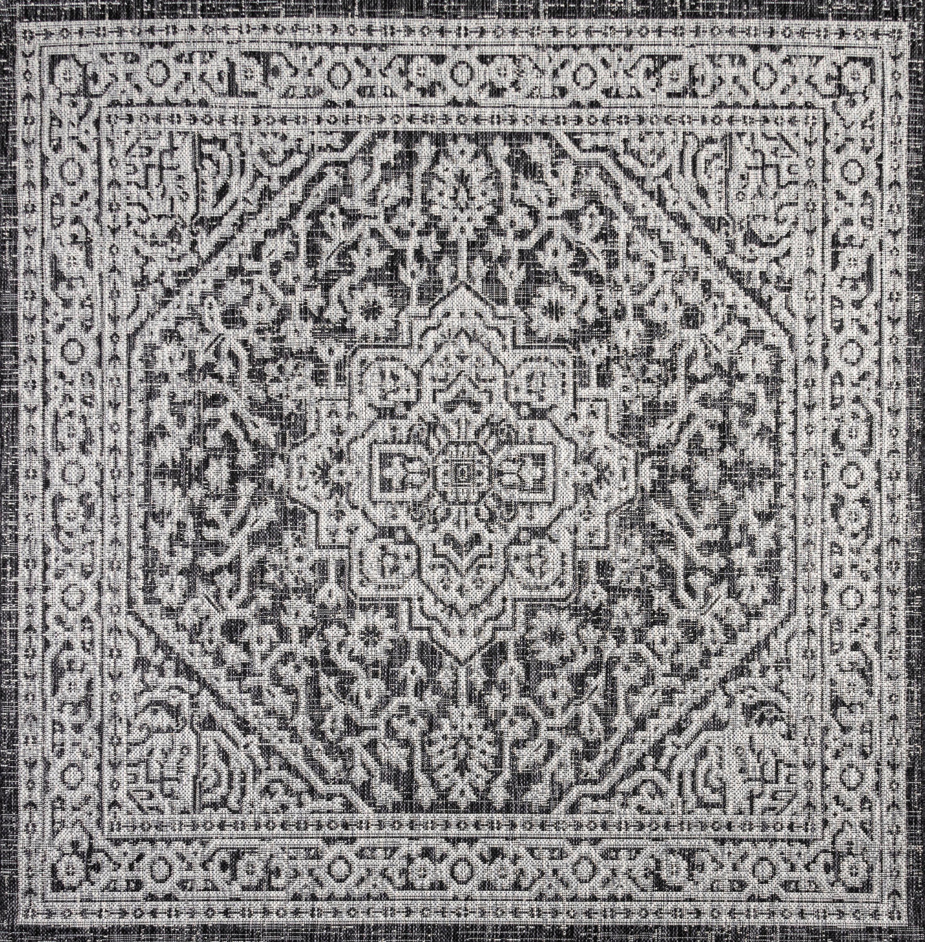 5' Square Sinjuri Medallion Textured Weave Indoor/Outdoor Area Rug, Gray/Black - JONATHAN Y