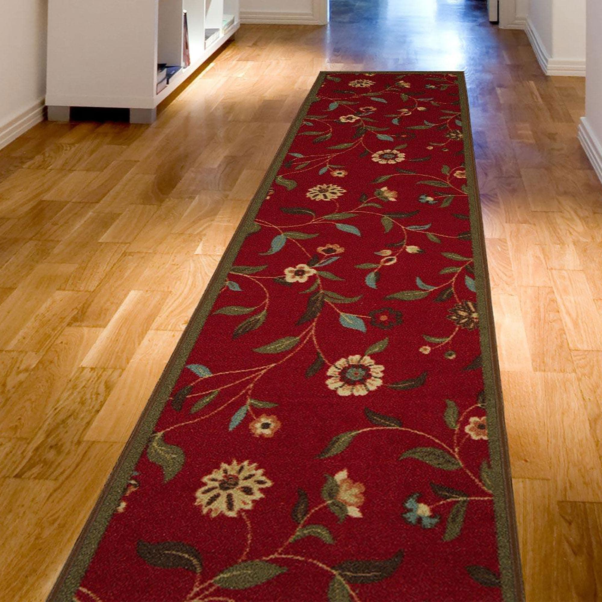 Ottohome Non-Slip Floral Leaves Area Rug For Living Room, Hallway, Entryway Rug, Dark Red