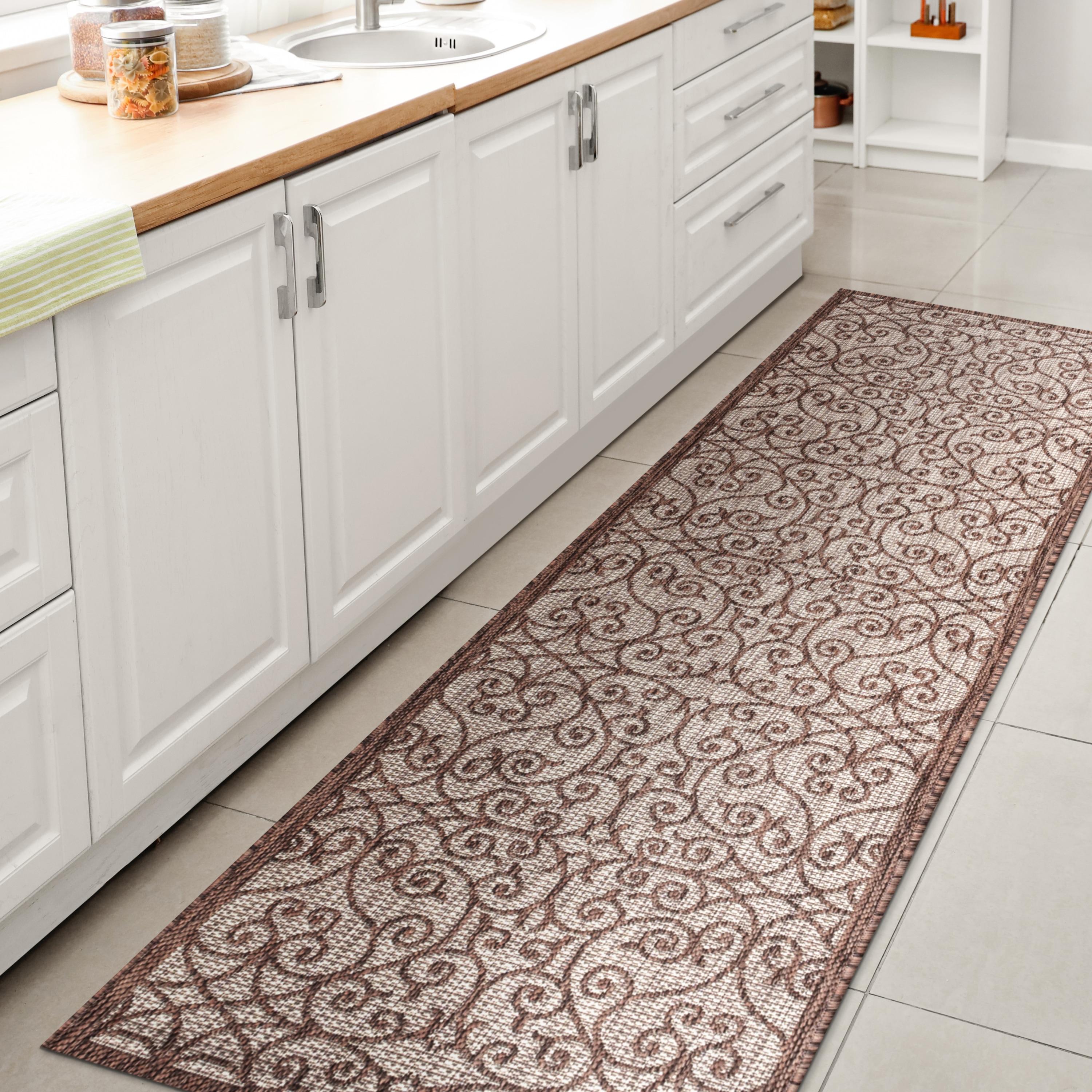 2'x8' Madrid Vintage Filigree Textured Weave Indoor/Outdoor Runner Rug, Taupe/Espresso - JONATHAN Y