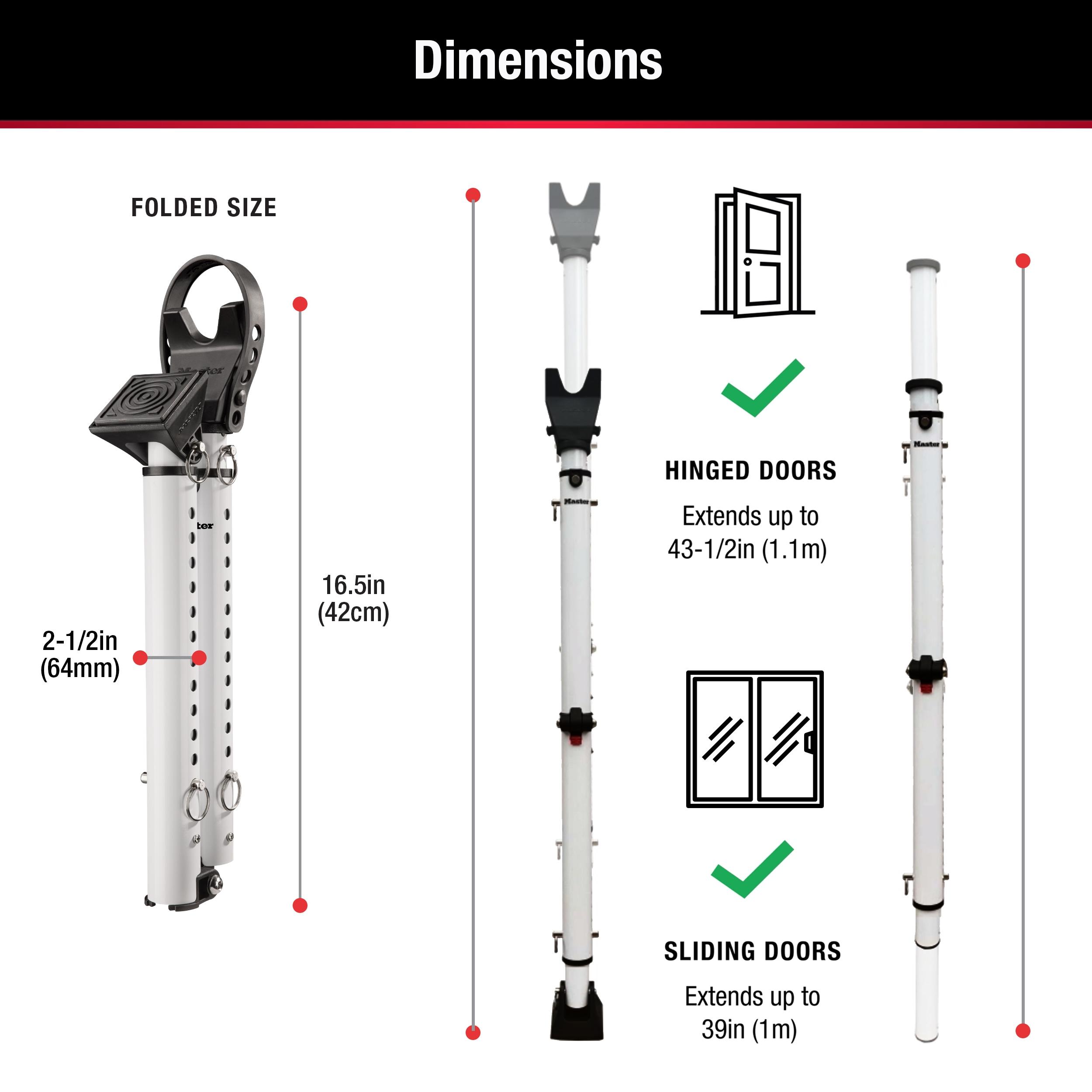 Master Lock Door Bar Dual Function Security: Metal Safety Bar for Door, Black & White, Lifetime Warranty