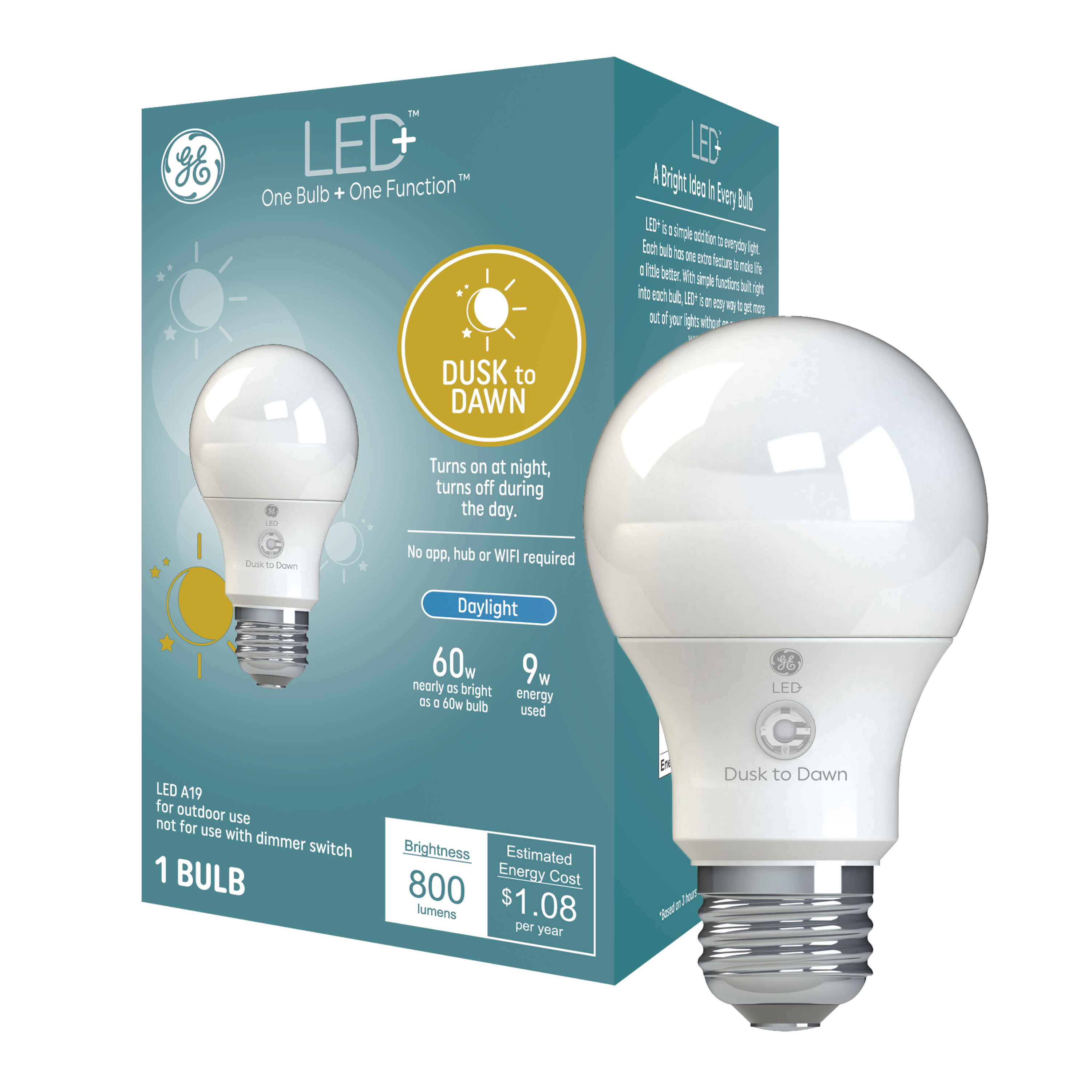 GE LED+ Dusk to Dawn A19 LED Light Bulb Daylight: 800 Lumens, 60W Equivalent, Energy Star Certified, E26 Base, 5000K