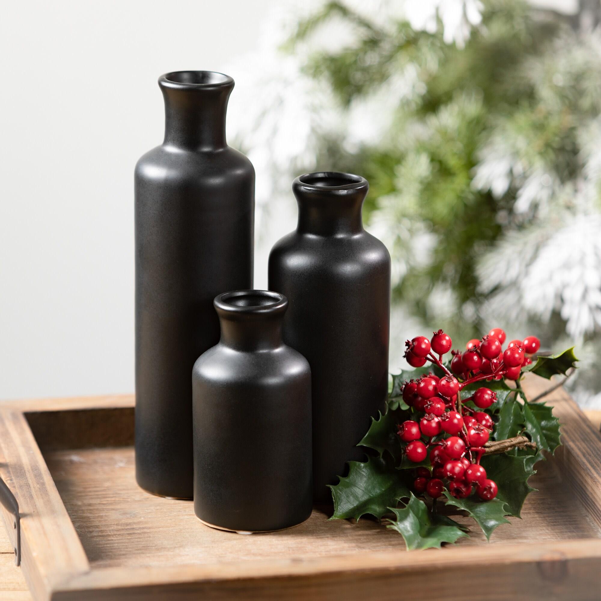 Sullivans Matte Black Set of 3 Small Ceramic Bottle Vases 5"H, 7.5"H & 10"H Black