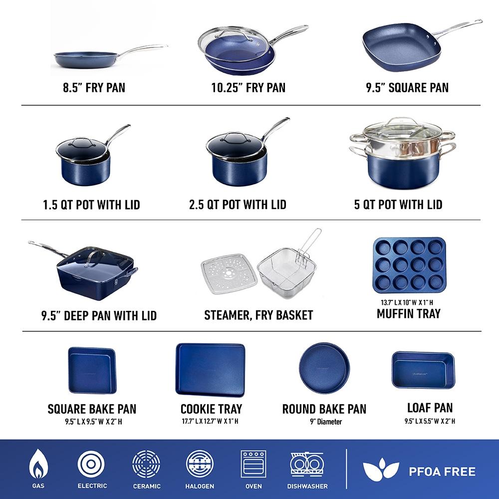 Granitestone Blue 20 Piece Aluminum Non Stick Cookware & Bakeware Set with Ultra Nonstick Surface, Oven & Dishwasher Safe