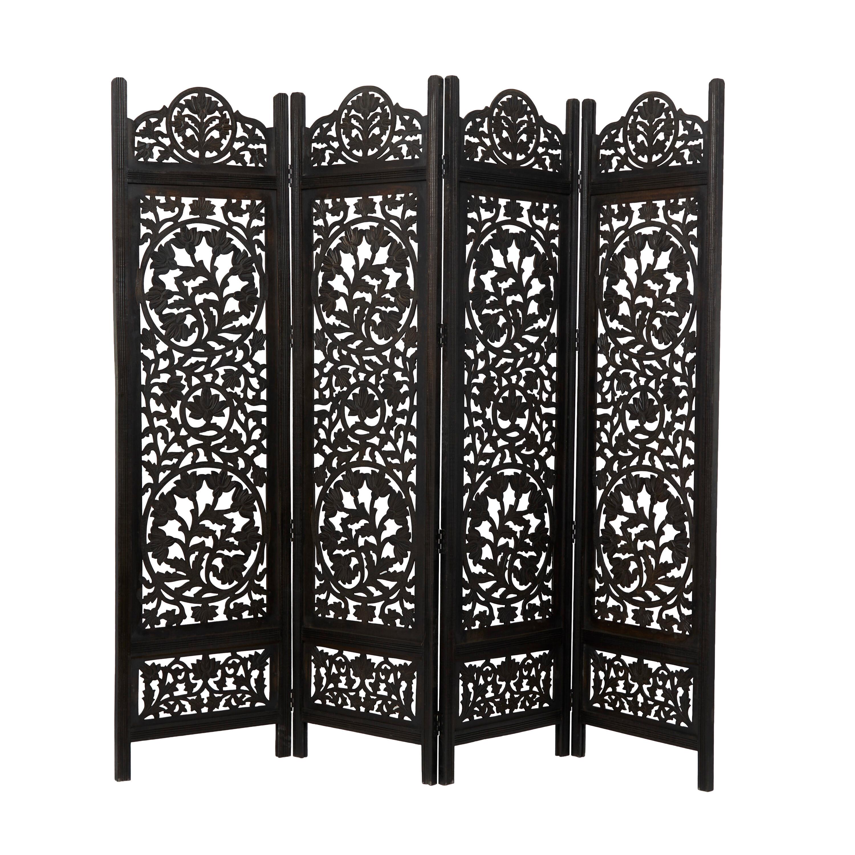 DecMode 80" x 72" Black Wood Floral Handmade Hinged Foldable Partition 4 Panel Room Divider Screen with Intricately Carved Designs, 1-Piece