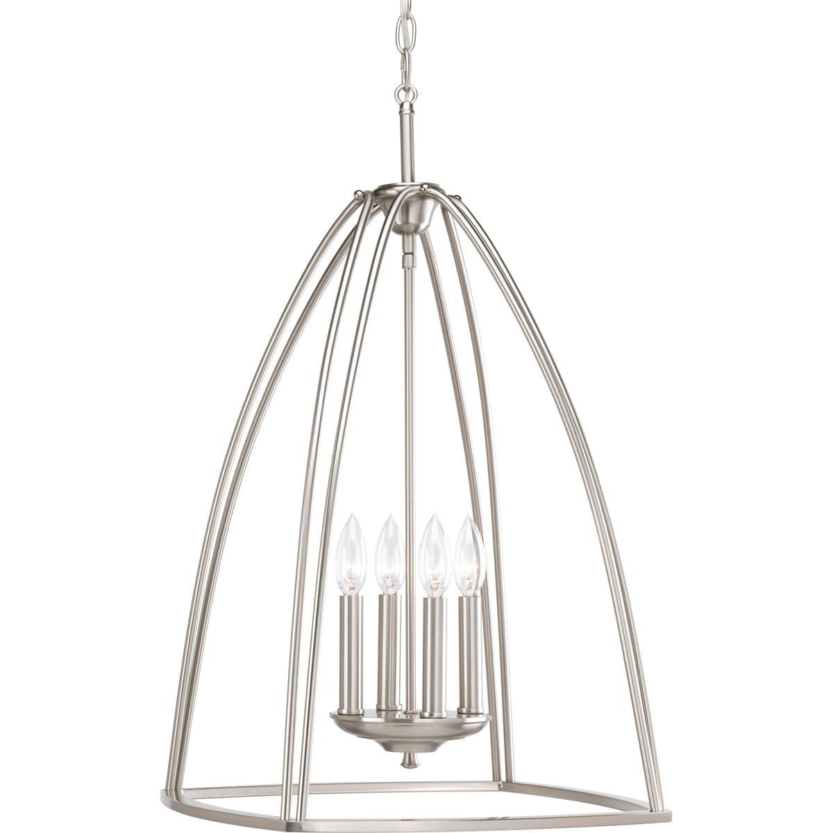 Progress Lighting Tally 4-Light Foyer Brushed Nickel Pendant, Open Foyer, White Glass Shade