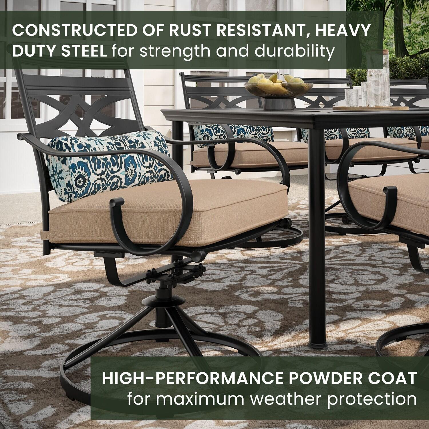 Hanover Montclair 9-Piece All-Weather Outdoor Patio Dining Set, 8 Swivel Rocker Chairs with Comfortable Seat and Lumbar Cushions, 84"x42" Stamped Rectangle Table, MCLRDN9PCSW8-TAN